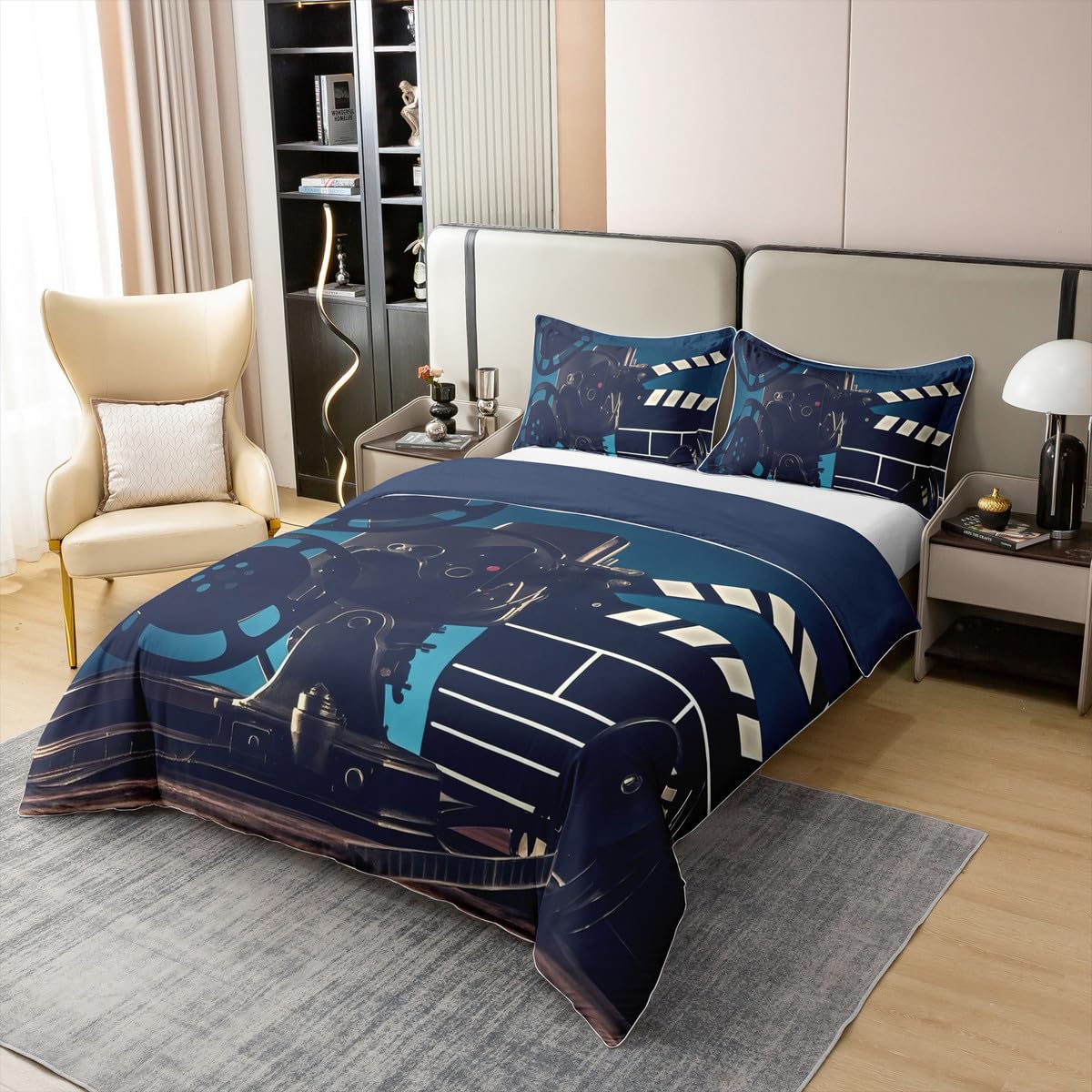 Homewish Set di biancheria da letto in 100% cotone con film Clapper, per bambini, uomini, donne, film di vecchia moda, con macchina fotografica, nero e grigio, morbido e comodo