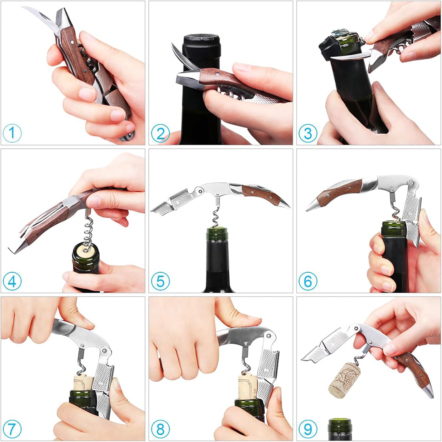 Sommelier Corkscrew - Quality Corkscrew for Professional Use with Bottle Opener and Foil Cutter - Bottle Opener, 3-in-1 Natural Rosewood Stainless Steel Bottle Opener