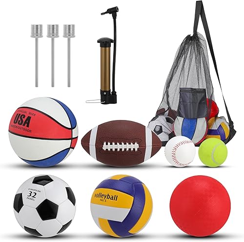 Miniatura 9 de 6 Pcs Sports Balls Set, Official Size Basketball Soccer Football Playground Ball Volleyball Baseball Tennis with Sports Equipment Bag Pump for Teen