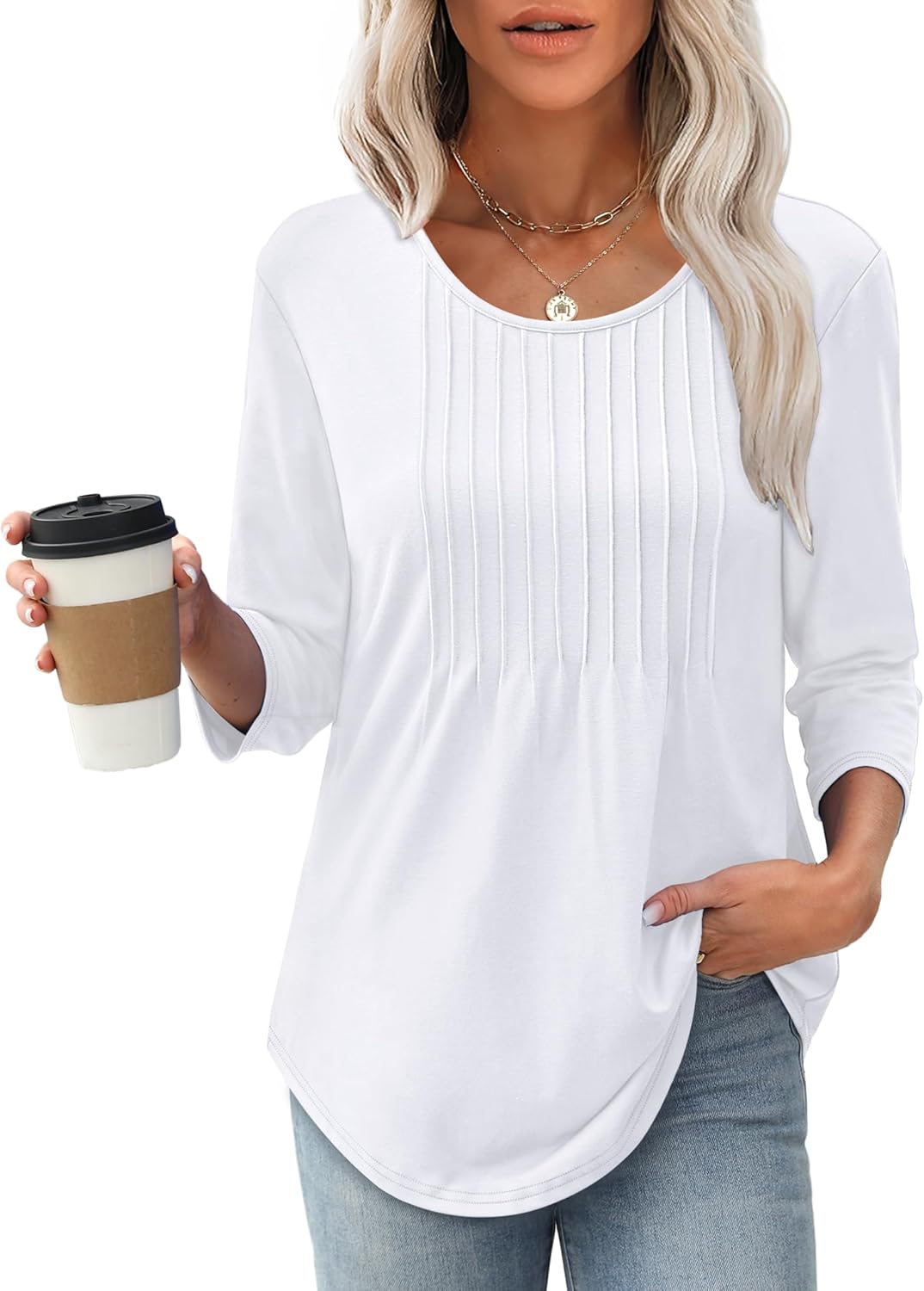 XIEERDUO 3/4 Length Sleeve Tops for Women 2026 Crewneck Casual Pleated Tunic Tops Shirts Blouses - Image 2