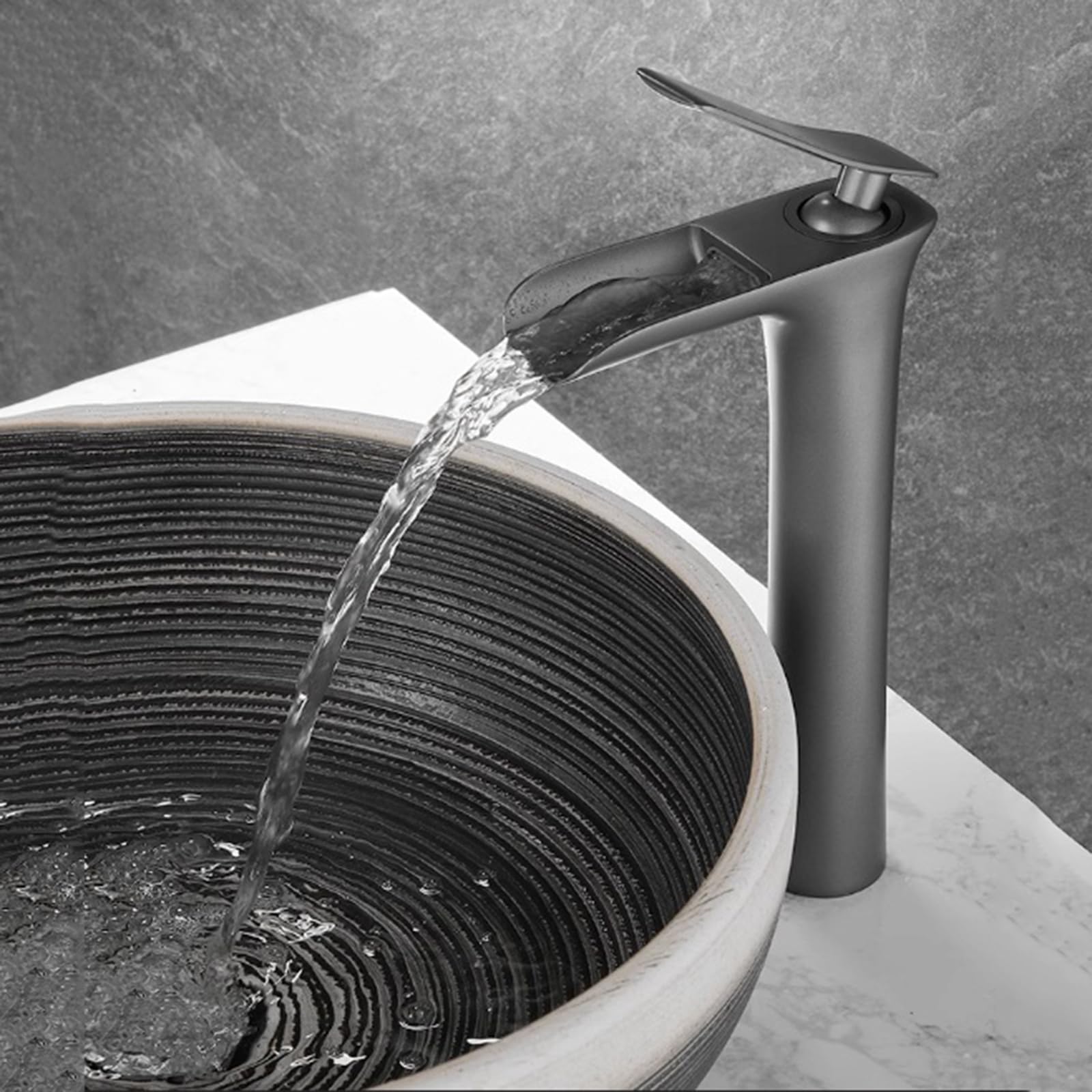 Grifos De Cascada para Lavabo Alto, De Un Orificio, para Agua Caliente Y Fría, De Latón, Color Gris.