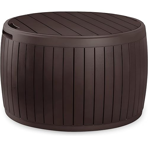 Keter Circa 37 Gallon Round Deck Box, Outdoor Storage and Patio Table for Outdoor Cushion Storage