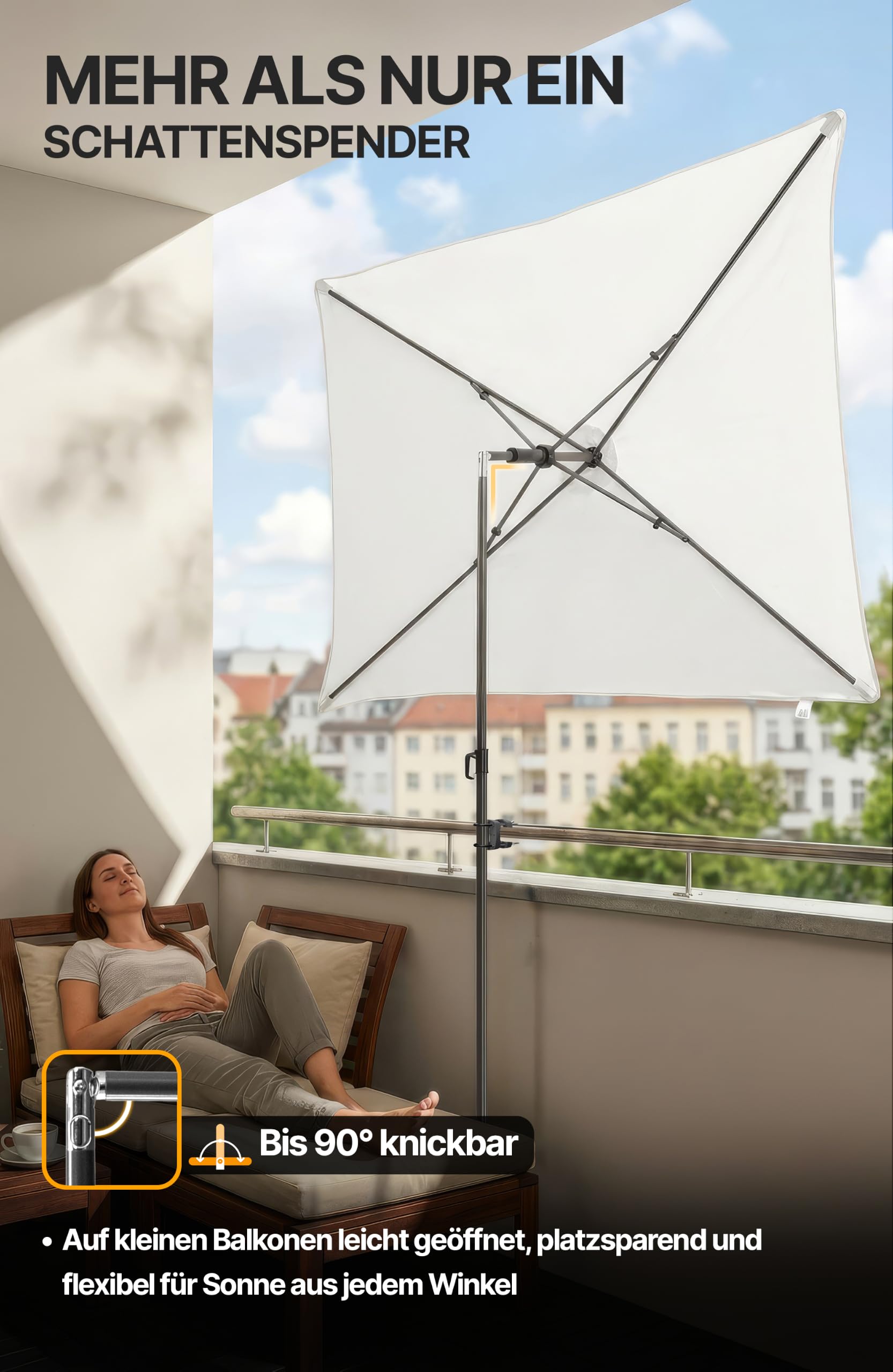 Menz Sonnenschirm Balkon 5-fach knickbar, Sonnenschirm rechteckig 180x120cm | UPF 50+ Sonnenschutz Balkon, höhenverstellbarer Balkonschirm, inkl. Schutzhülle, Beige