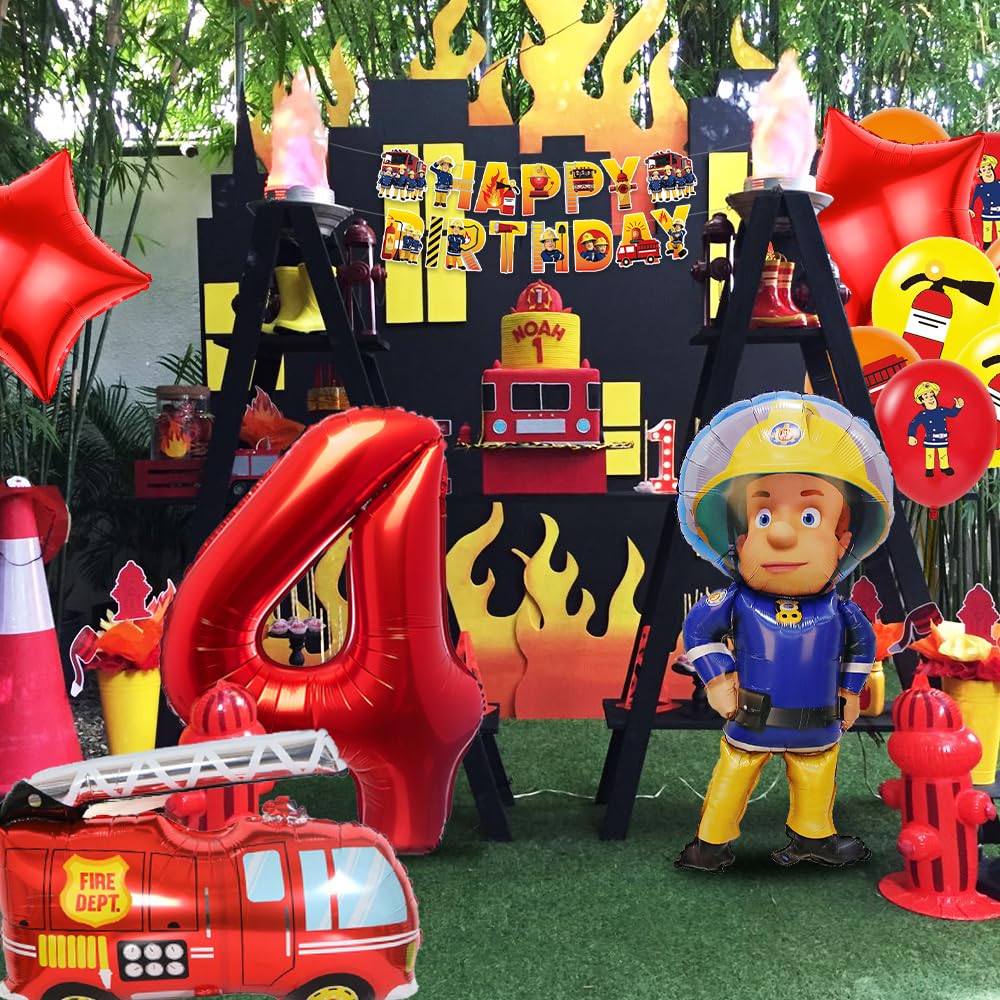 Kit Decorazione Compleanno Pompieri Per Bambini - 42 Pezzi Con Striscione, Palloncini Pompieri E Fiamme, Palloncino Numero 3 - Tema Vigili Del Fuoco