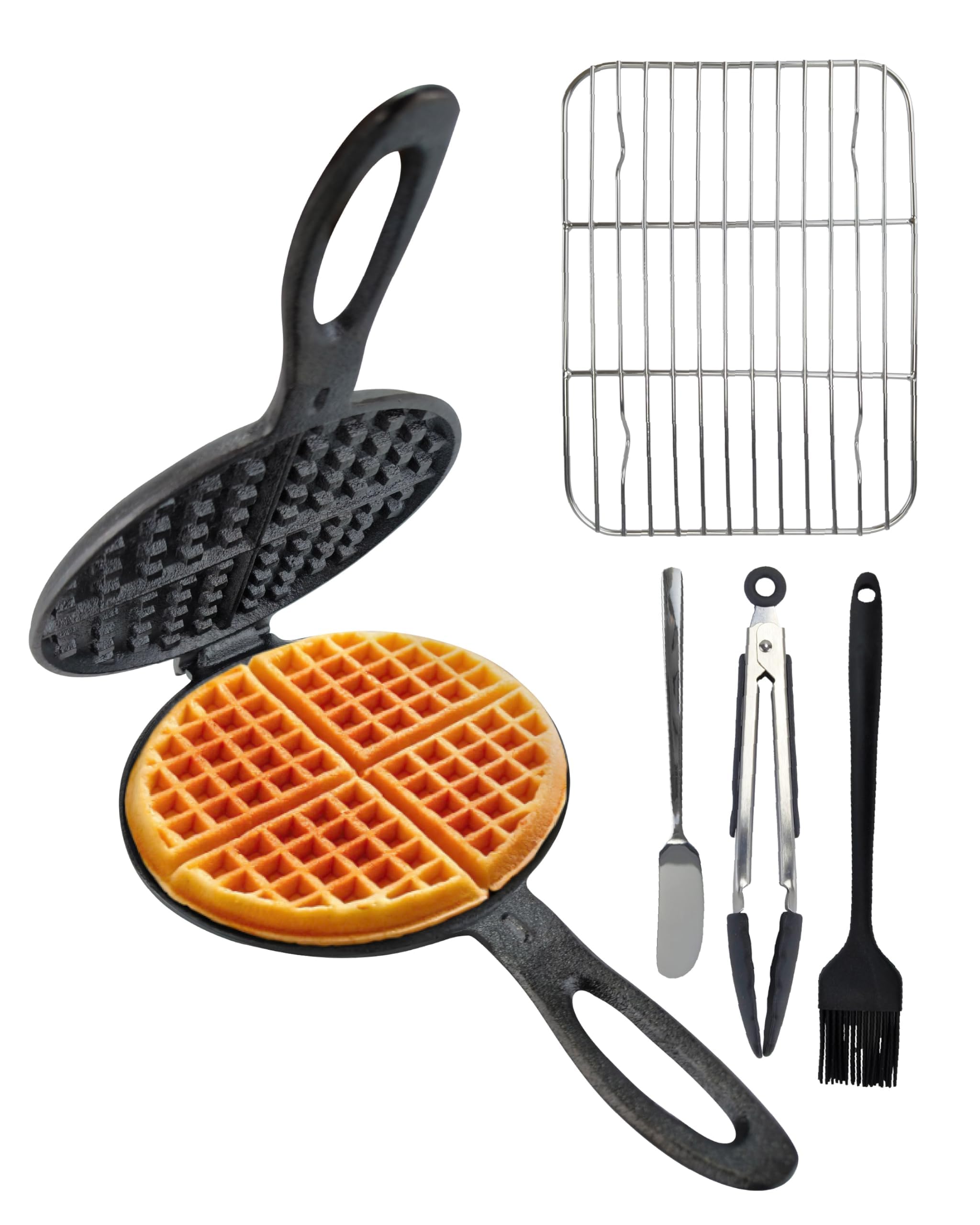 ZURRITO Cast Iron Waffle Maker Stove Top Bundle Set (7inch Round Waffles), Stove Top Waffle Maker for Camping Grill or Stovetop, Camping Waffle Maker, Non-Electric Cast Iron Waffle Iron, 4.4 pounds