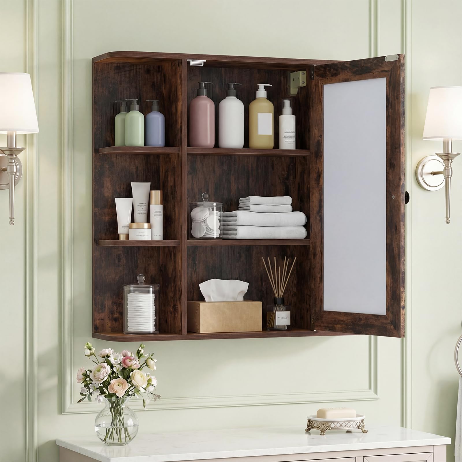 COSTWAY Spiegelschrank Bad, Badezimmerschrank mit Spiegel, Badschrank mit 3 Innenablagen & 6 offenen Fächern, Einbau- oder Aufputz-Wandschrank mit Einzeltür, 66 x 16,5 x 63 cm (Rustikales Braun)
