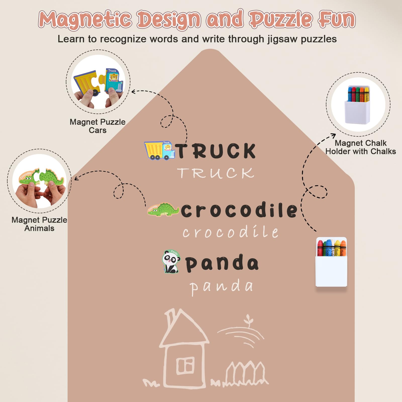 Lavagna magnetica multifunzionale con 2 set di magneti (animali e veicoli), lavagna curva autoadesiva con accessori per gesso, per pareti, vetro e legno (colori tè al latte)