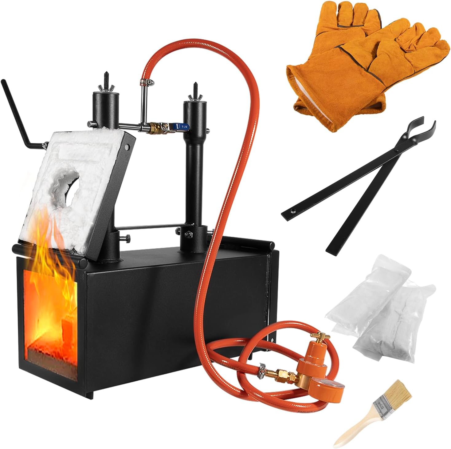 Portable Double Burners Propane Forge, 2 Burners 2700℉ Blacksmithing Gas Forge, Large Capacity Square Propane Burner Forge with V-Bit Tongs & Gloves for Farrier, Knife and Tool Making