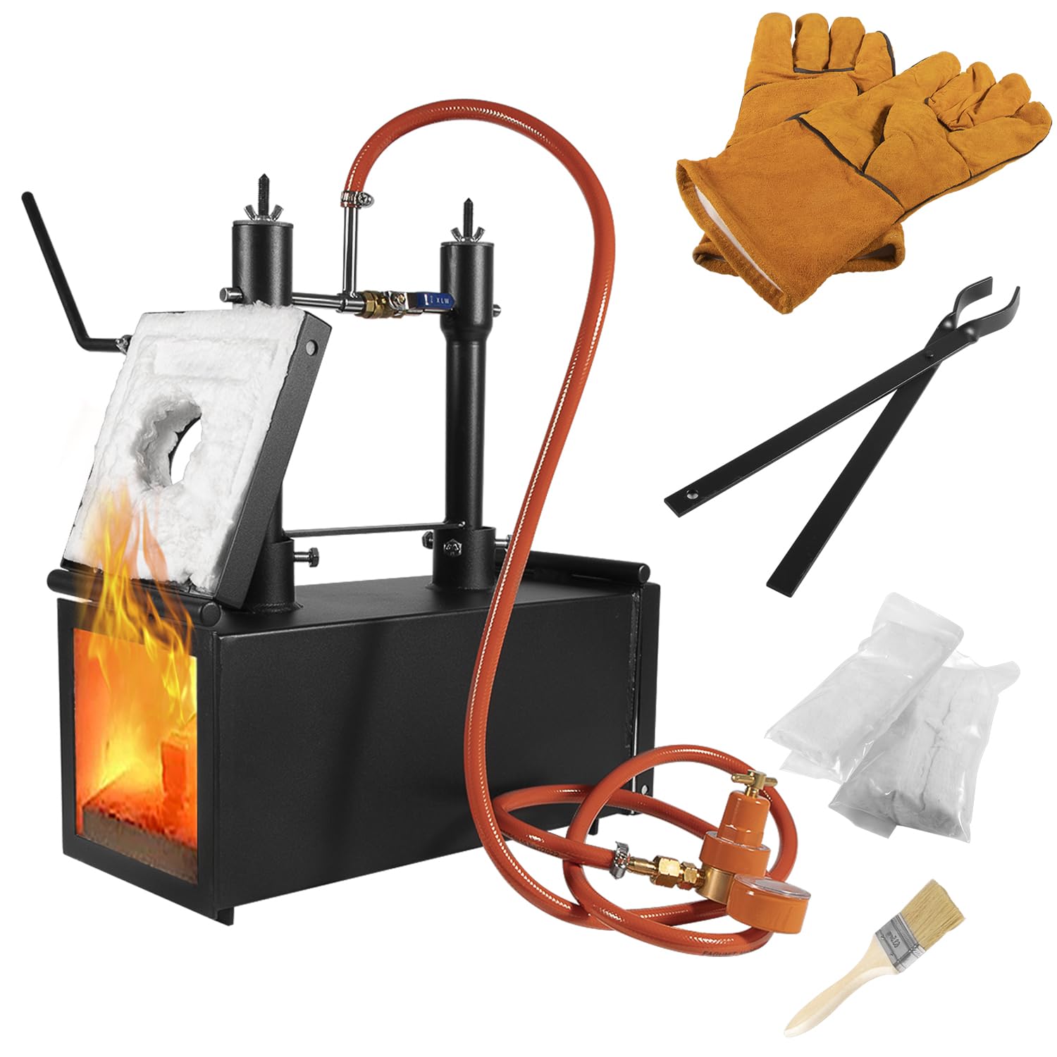Portable Double Burners Propane Forge, 2 Burners 2700℉ Blacksmithing Gas Forge, Large Capacity Square Propane Burner Forge with V-Bit Tongs & Gloves for Farrier, Knife and Tool Making