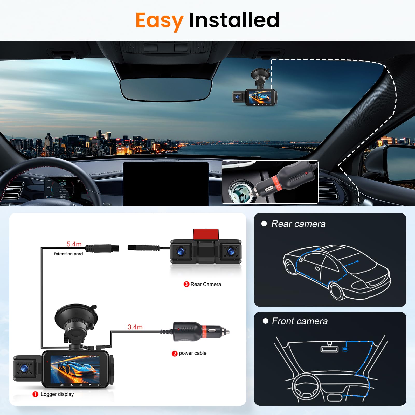 Hodozzy 2K+1080P Dashcam Voiture 360° avec 5GHz WiFi, 4 Caméras Avant Arrière Intérieur Gauche, Nachtsicht Ohne Licht, Écran Tactile IPS 3", Enregistrement en Boucle, Capteur G,Mode Stationnement 24H