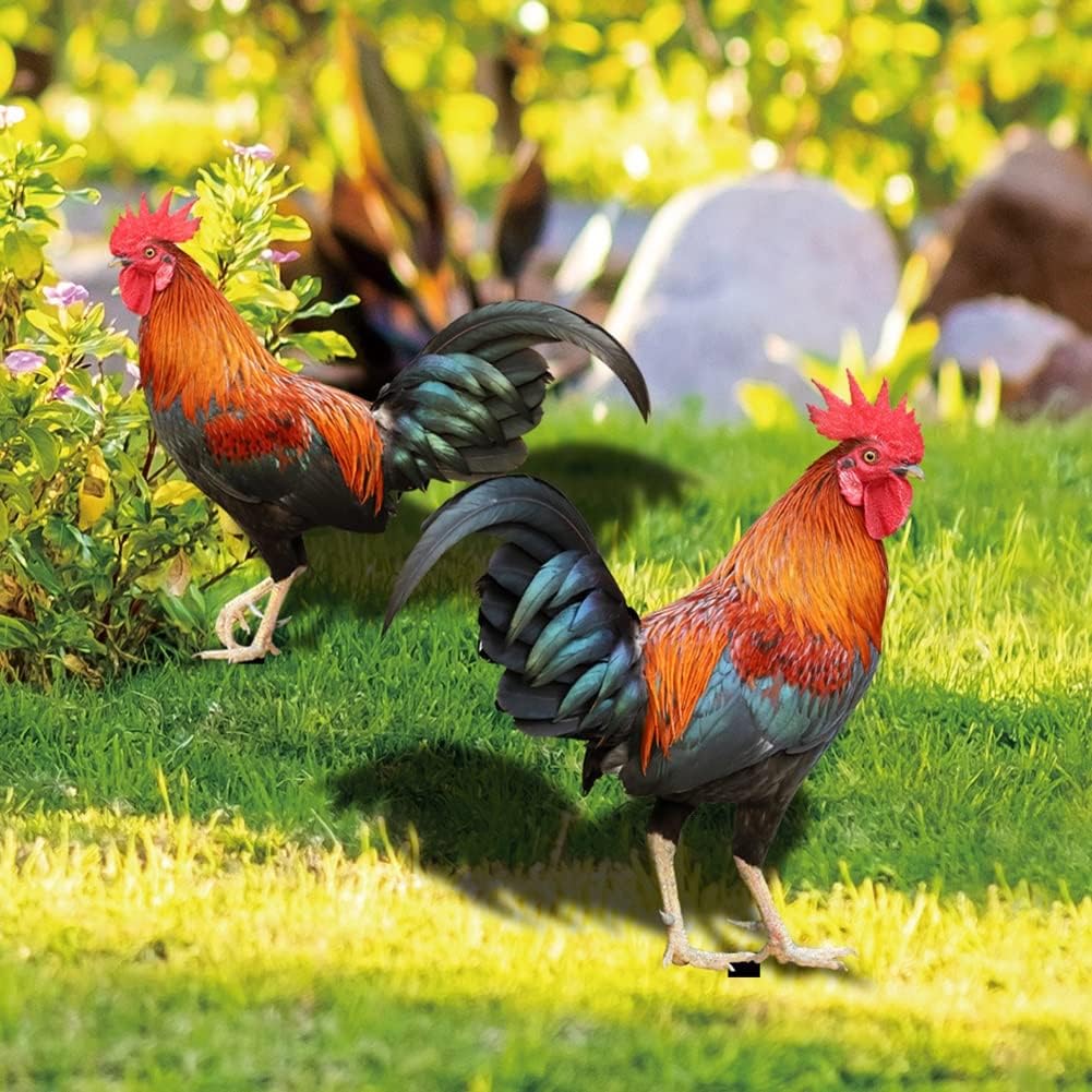 2 PCS Rooster Yard Decor, Rooster Statue Yard Art Garden Decoration,Rooster Garden Decor Chicken Yard Art Rooster Stakes,Acrylic Chicken Yard Art Sculpture Outdoor Figurines For Garden Patio Lawn ( Co