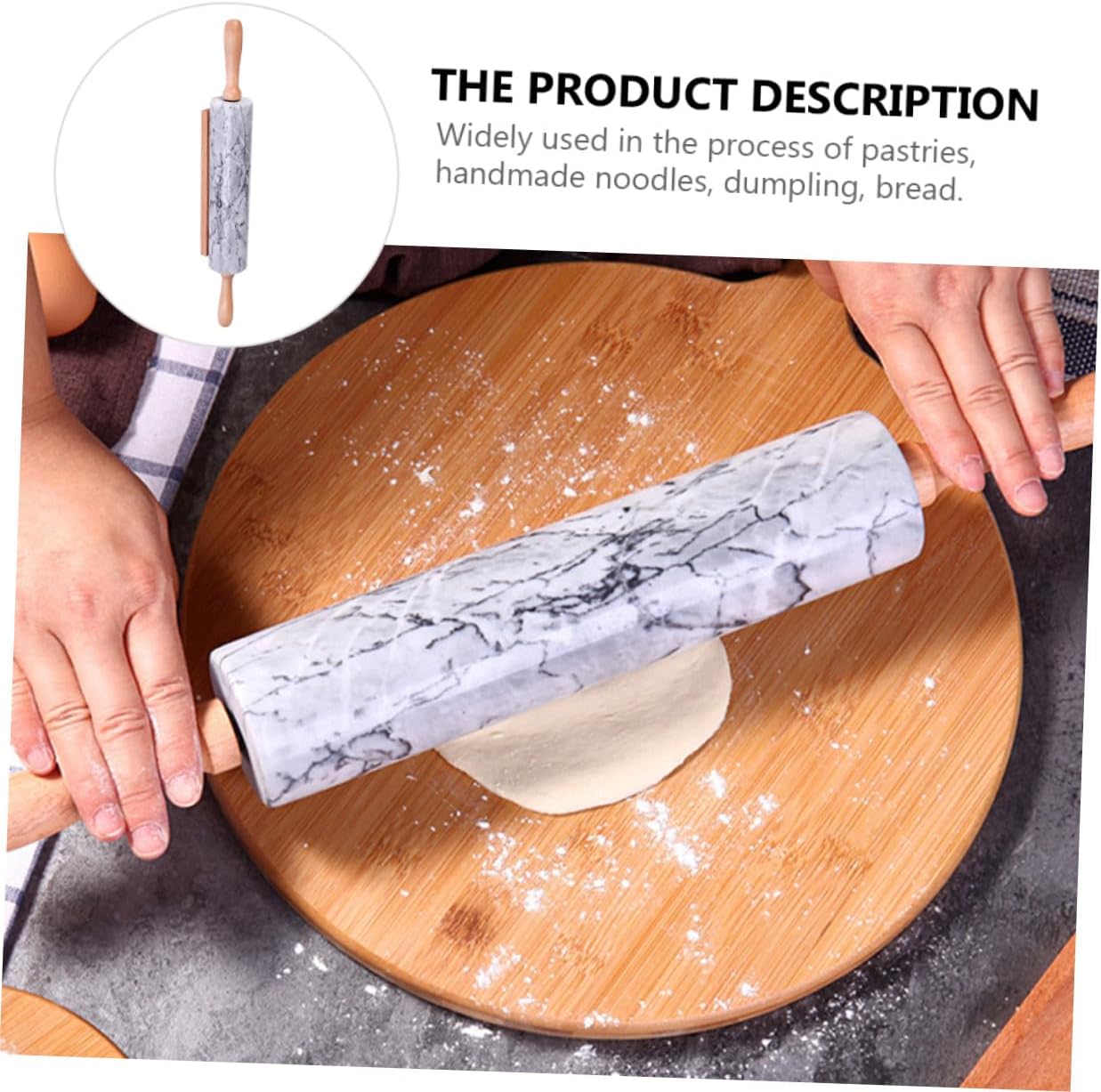 Natural Marble Dough Roller with Wooden Handle Non-stick Baking Pin for Cookie Pastry Pizza and Dumpling Dough Smooth Surface Space-saving Kitchen Tool for Home Use
