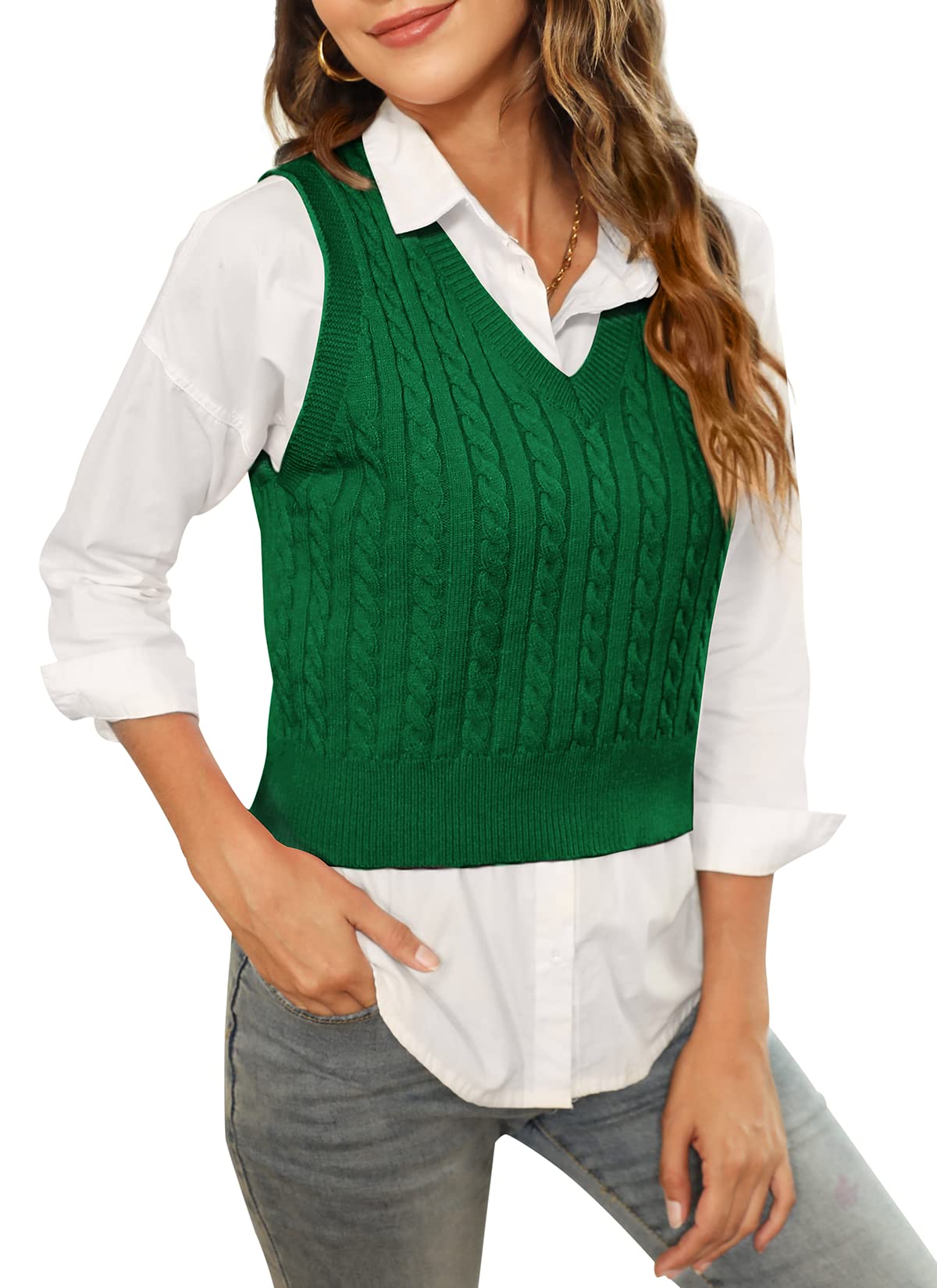 HOCOSIT Women's Knitted V-Neck Vest Argyle Plaid Preppy Style Sleeveless Pullover Crop Sweater Vest
