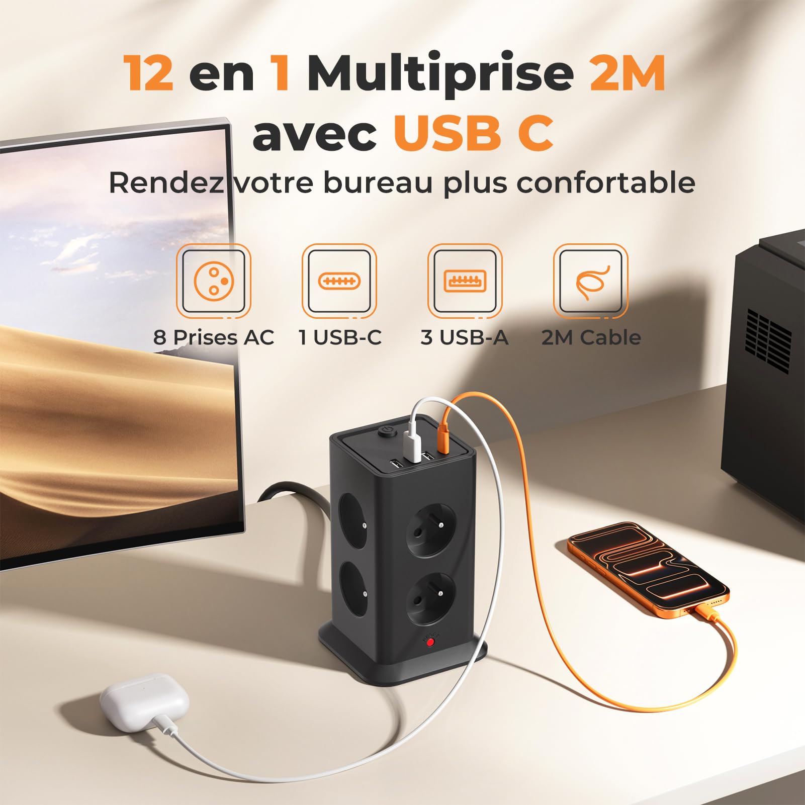 12-in-1-Mehrfachsteckdose mit Schalter, französische Steckdose, 8 AC-Anschlüsse mit 4 USB-Anschlüssen, Mehrfachsteckdose, Überspannungsschutz und Überspannung mit Schalter, 3680 W, Kabel 2 m, für Haus