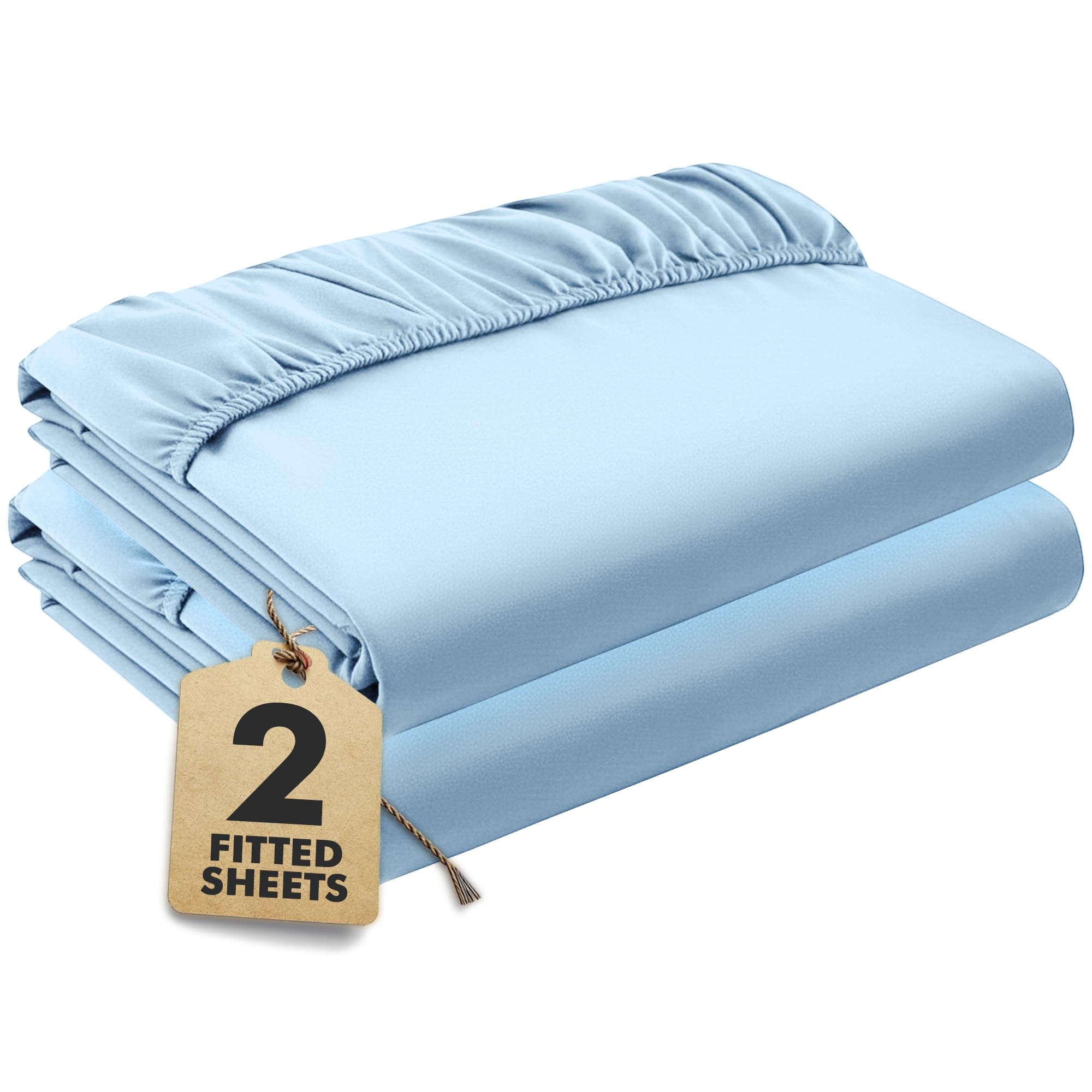 Sky Blue Fitted Sheet Double Beds (135×190 cm, Deep 35 cm) – Pack of 2 Soft Microfibre Elasticated Cover – Breathable, Durable & Easy Care Bottom Sheet