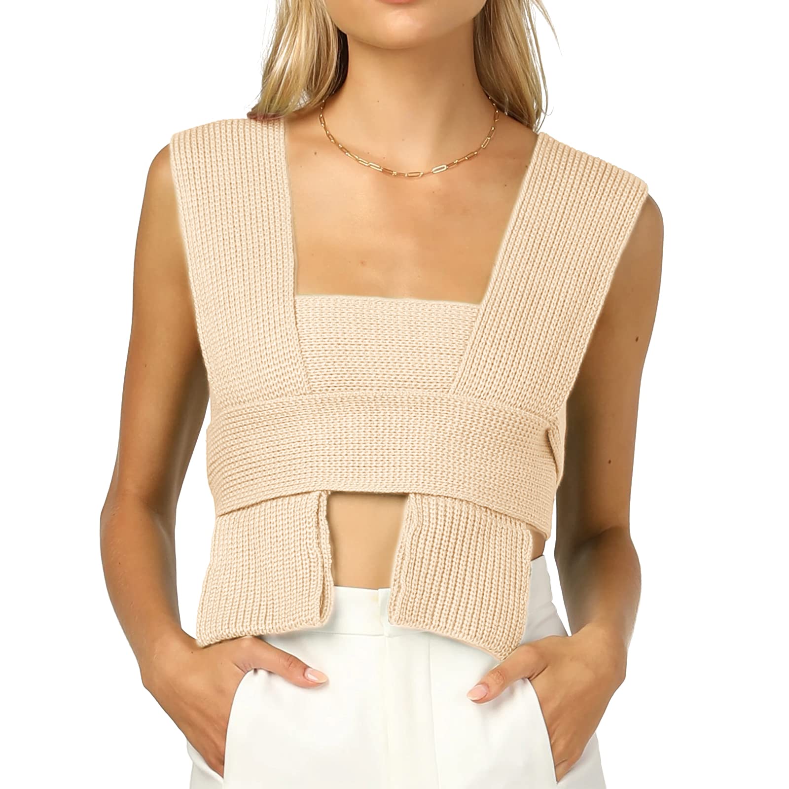 Womens Crop Sweater Top Sleeveless Tie Strappy Backless Knitted V