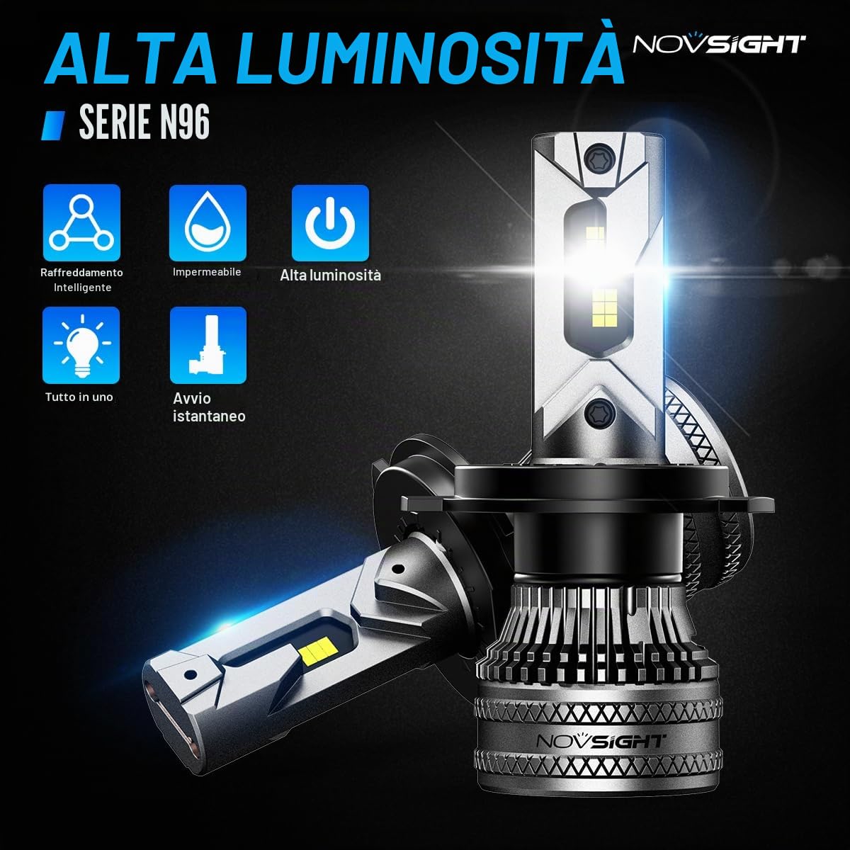 NOVSIGHT H7 LED Lampadine - 45000LM 200W H7 lampadine per fari con ventola, 900% di luminosità 6500K luce bianca lampadina LED, Plug and Play, IP68 impermeabile, confezione da 2