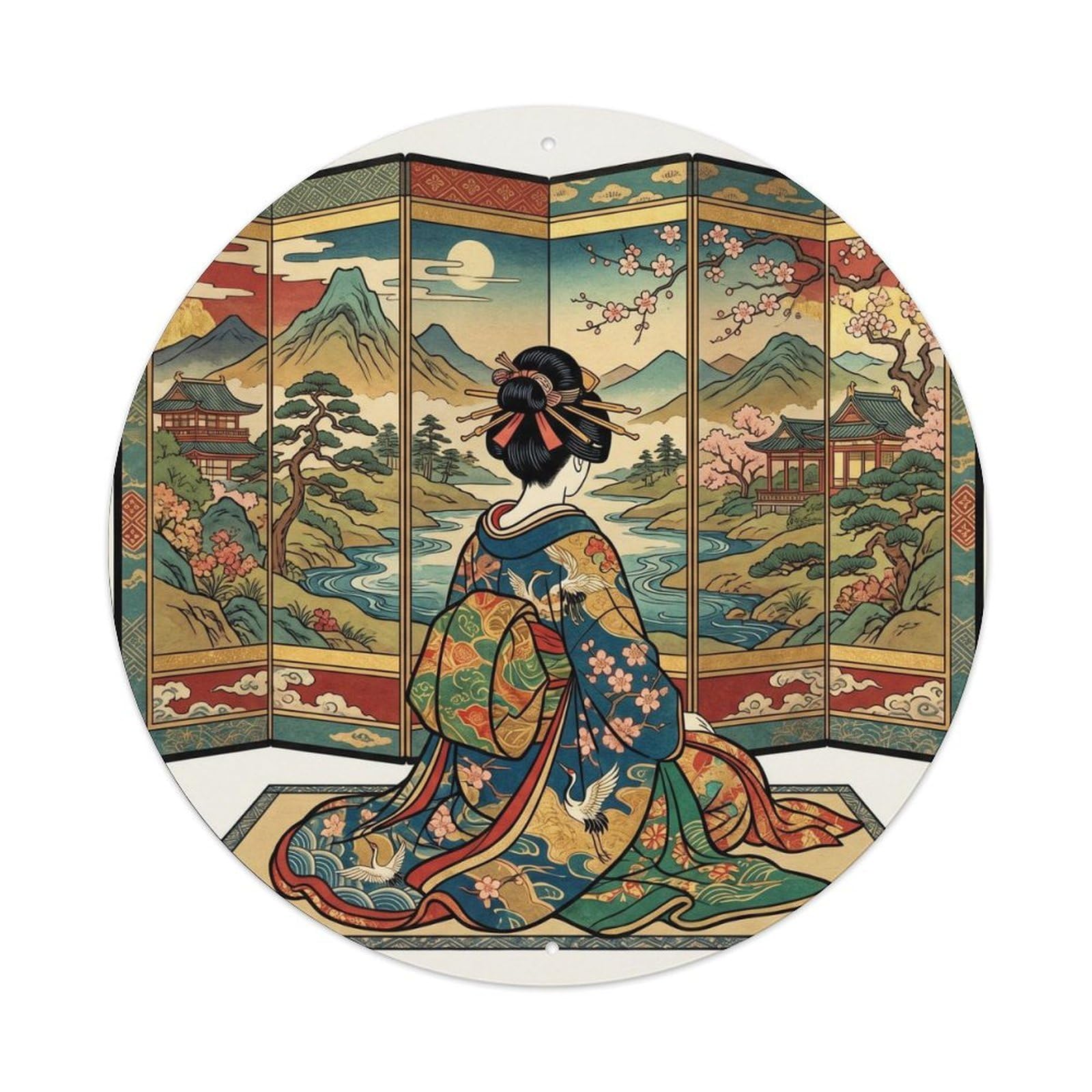 Galvaxio Style Japanese Kimono Woman Viewing Folding Screen Painting Metal Tin Sign