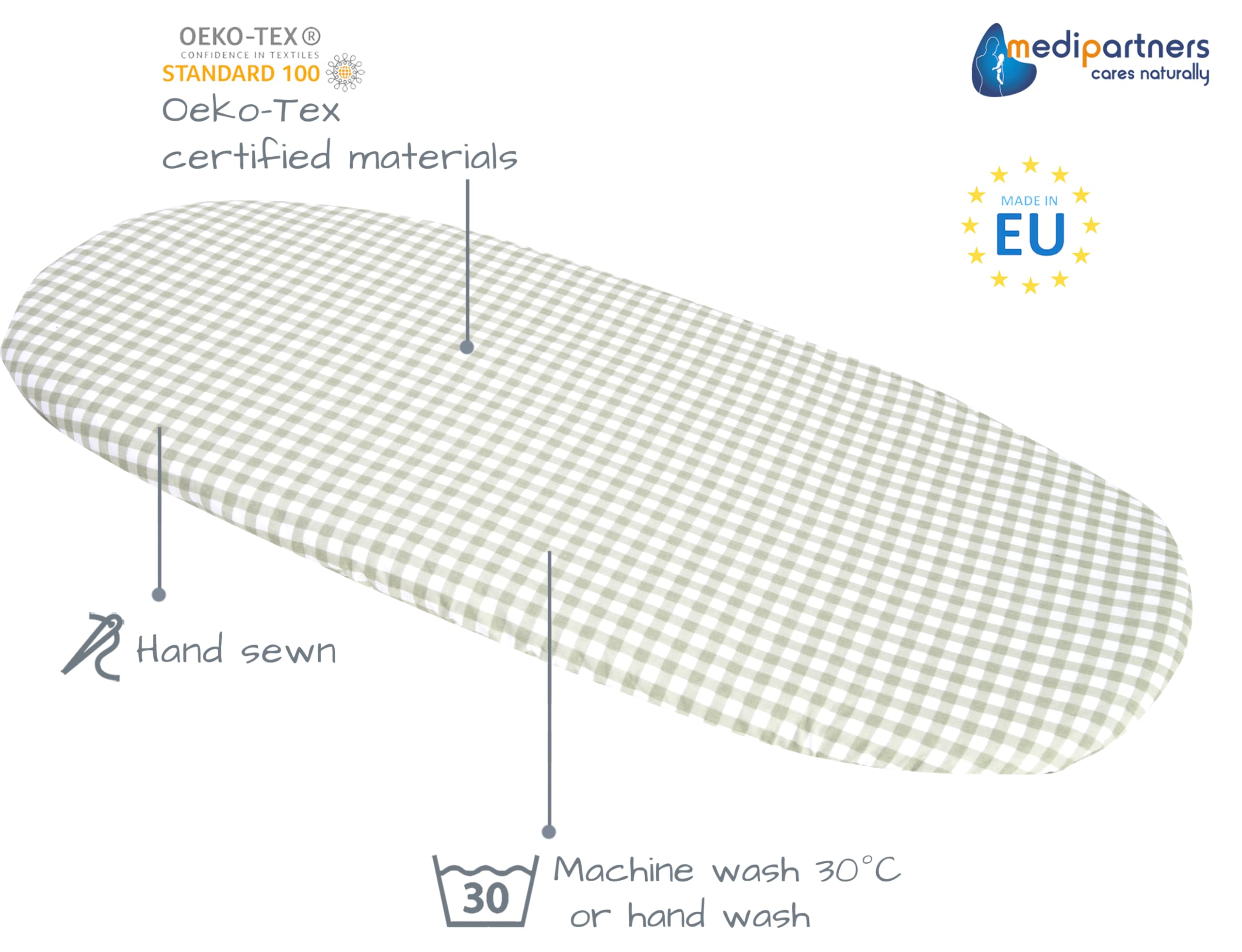 Medi Partners Set of 3 pcs. Fitted Sheet Pram 86 x 40 cm 100% Cotton Mattress Protector Baby, Checkerd-white-grey, Three pack - Image 3