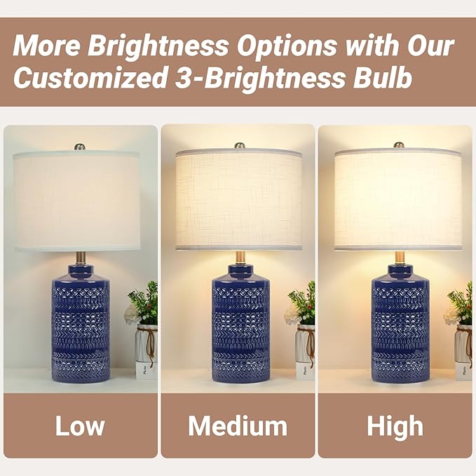 JUNNAI 24.5" Navy Blue Table Lamp Modern Bedside Ceramic Lamps for Living Room 3-Way Dimmable Entryway Nightstand Farmhouse Lamp for Home Office Bedroom, Bulb Included photo 3