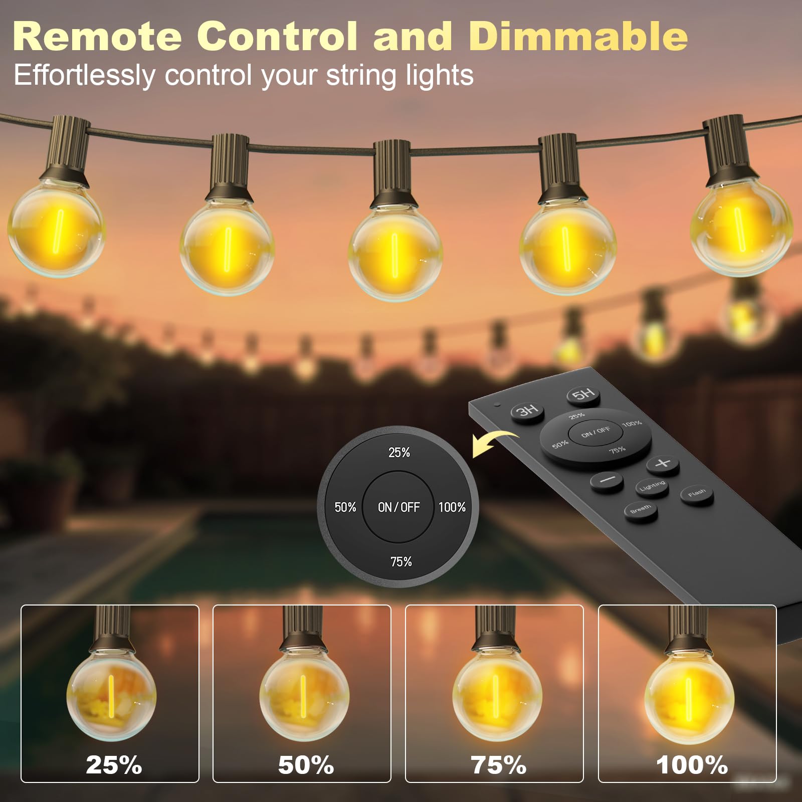 Catena Luminosa Esterno 30 Metri, Dimmerabile Catena di Luci per Esterno con Telecomando, LED Lucette da Esterno con 50+2 G40 Lampadine per Giardino, Gazebo, Terrazze, Campeggio, Balcone, Giardini