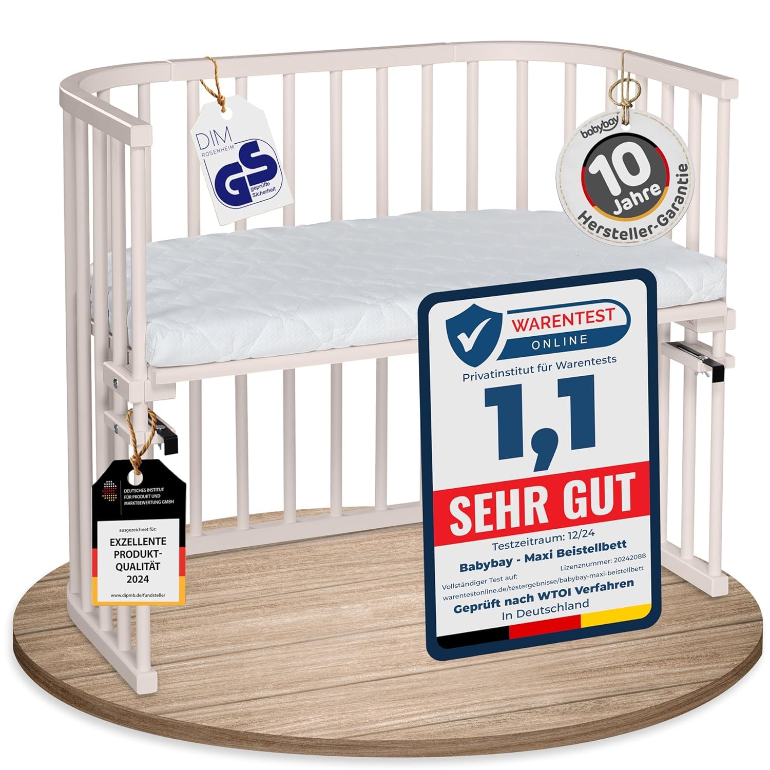 babybay Maxi bardzo duże łóżko dostawiane z litego drewna bukowego/łóżko dziecięce, wysokość regulowana bezstopniowo i przyjazna dla środowiska, z materacem Classic Soft (beżowe lakierowane)