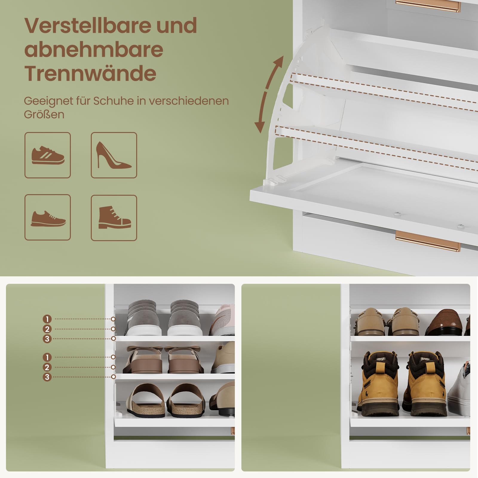 KIMENICH Schuhschrank mit 2 Klappen, Schuhkipper Schmal, Schuhschrank mit 1 Schublade, Schrank, Trennwand Verstellbar, für 12-15 Paar Schuhe, Flur, Eingansbereich, 30 x 100 x 104 cm, Weiß