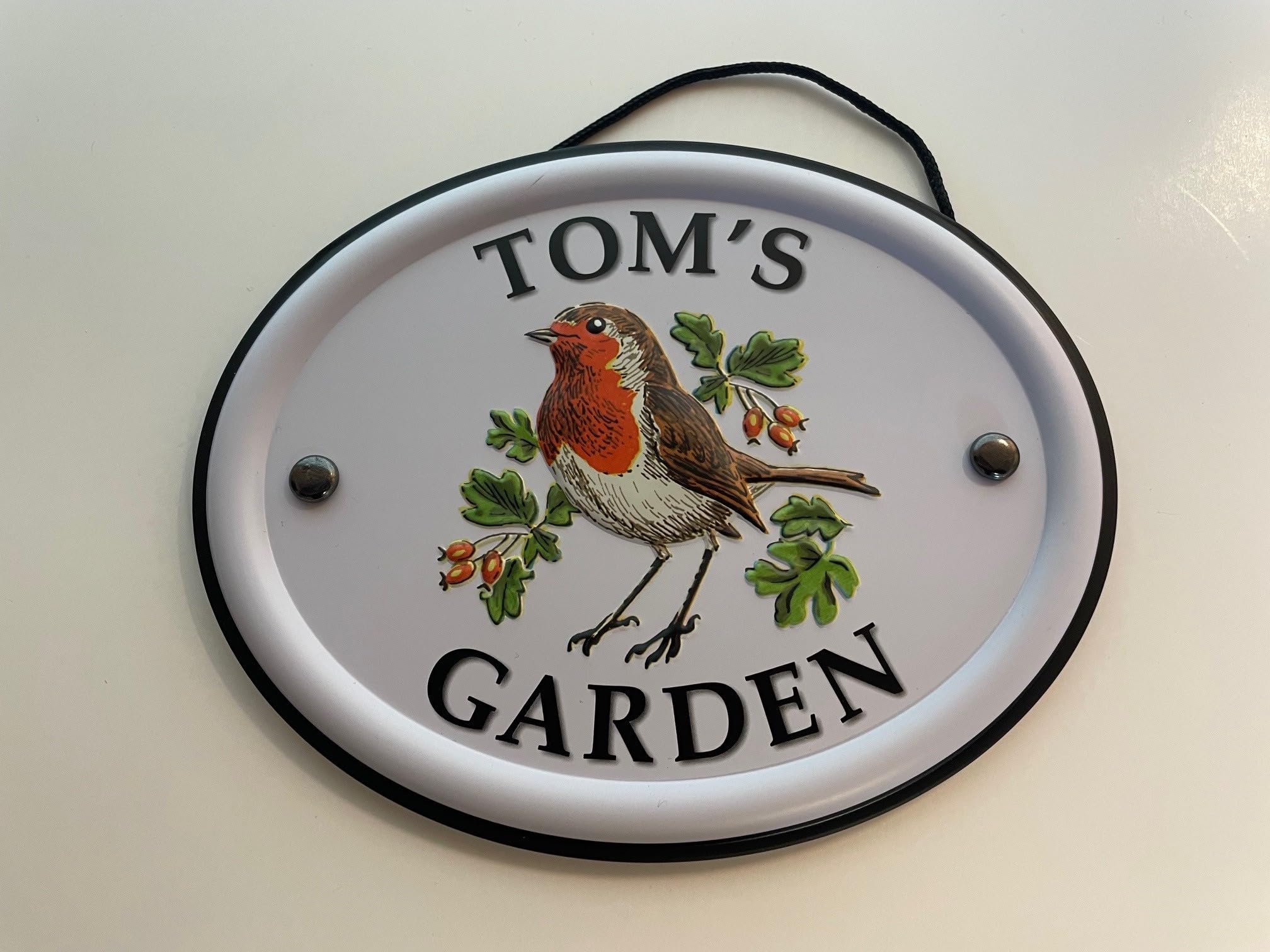 Personalised Embossed Metal Garden Sign 12x15cm – British Bird Design – Outdoor Decorative Hanging Garden Plaque – Weatherproof Metal Sign for Garden Walls Fences or Sheds (Tom) — image 1