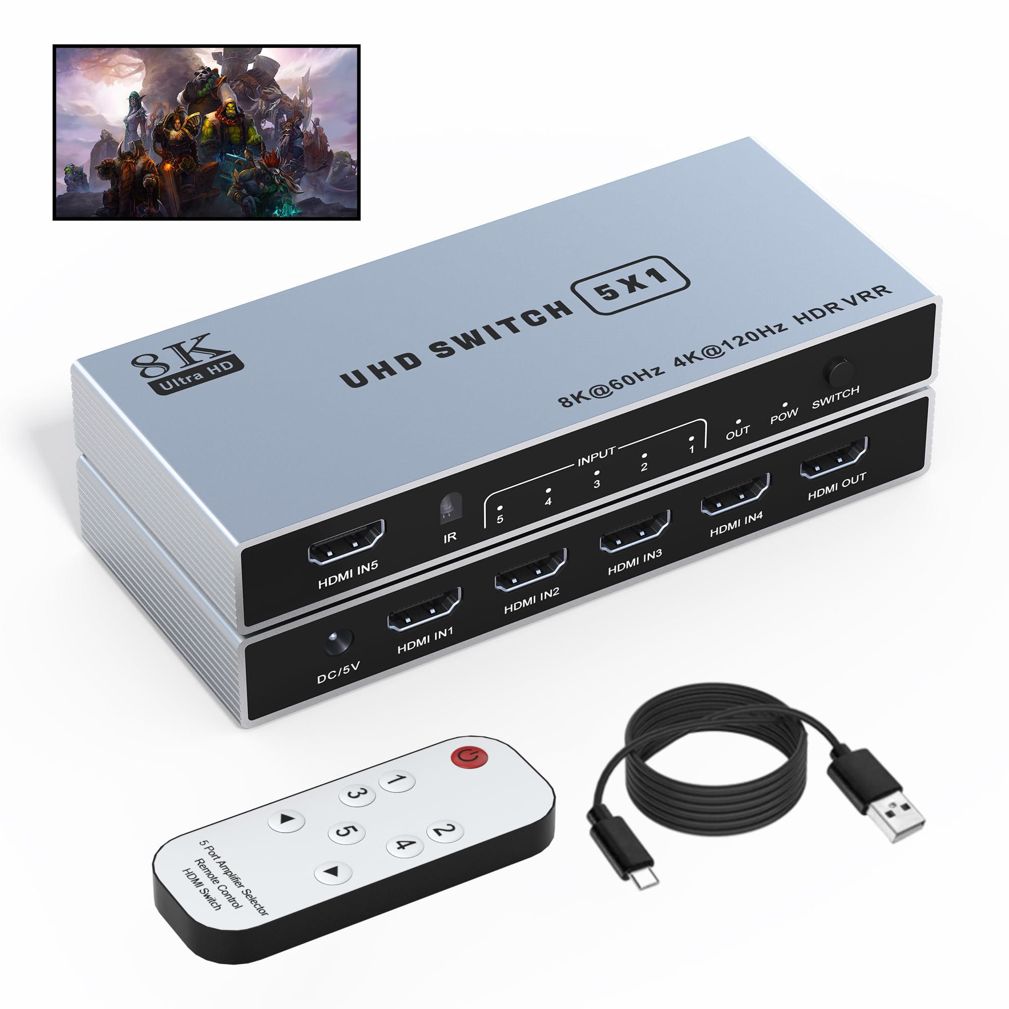 HDMI対応6入力1出力マルチスキャンスイッチャー 5ポート HDMIセレクタ 5入力1出力 リモコン付 4K WQHD 手動切替