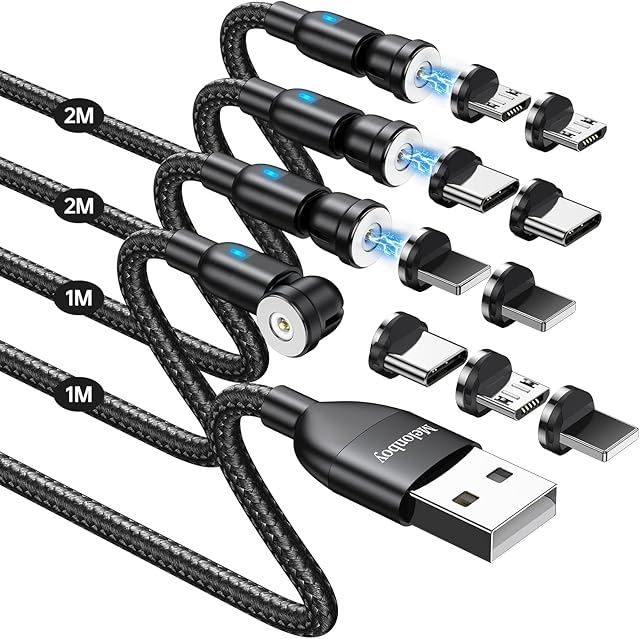 Melonboy Magnetic Charging Cable, USB C Charger Cable, Micro Cable, 4Pack [1m/1m/2m/2m], 540° Flexible Rotation, Type C Braided Lead Compatible with Mobile Phone Laptop Wireless Headset - Black