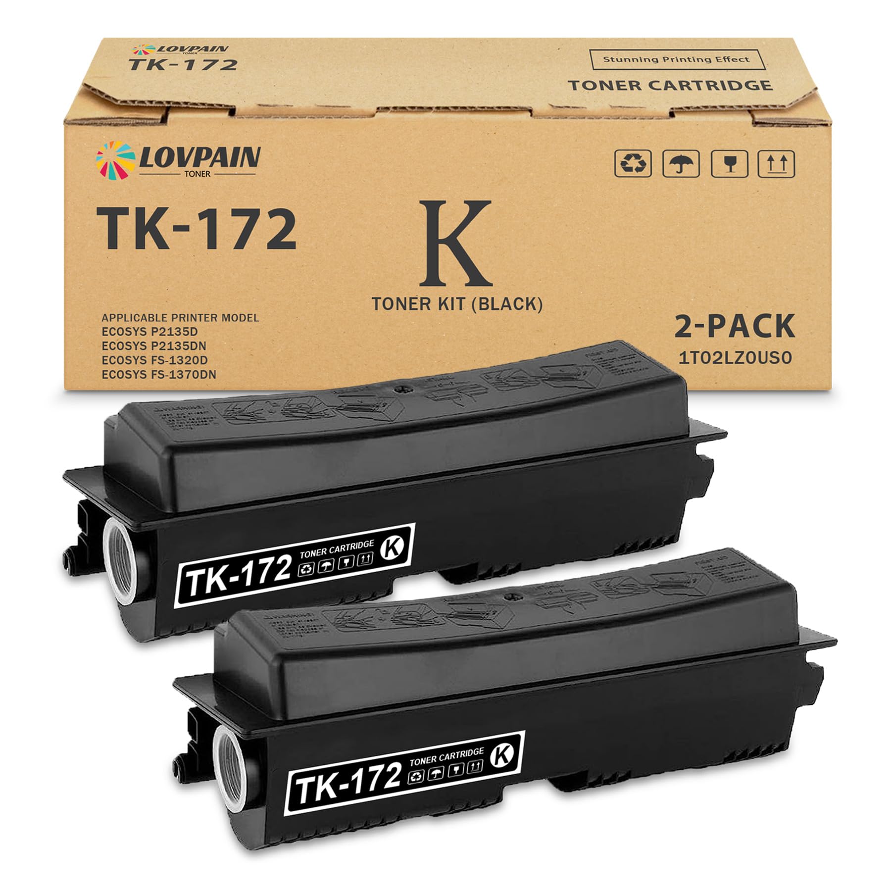 TK-172 TK172 Black Toner Cartridge (2-Pack) - TK-172 Toner Cartridge 1T02LZ0US0 (7,600 Pages / Pack) Replacement for Kyocera ECOSYS P2135d P2135dn FS-1320D FS-1370DN Printer