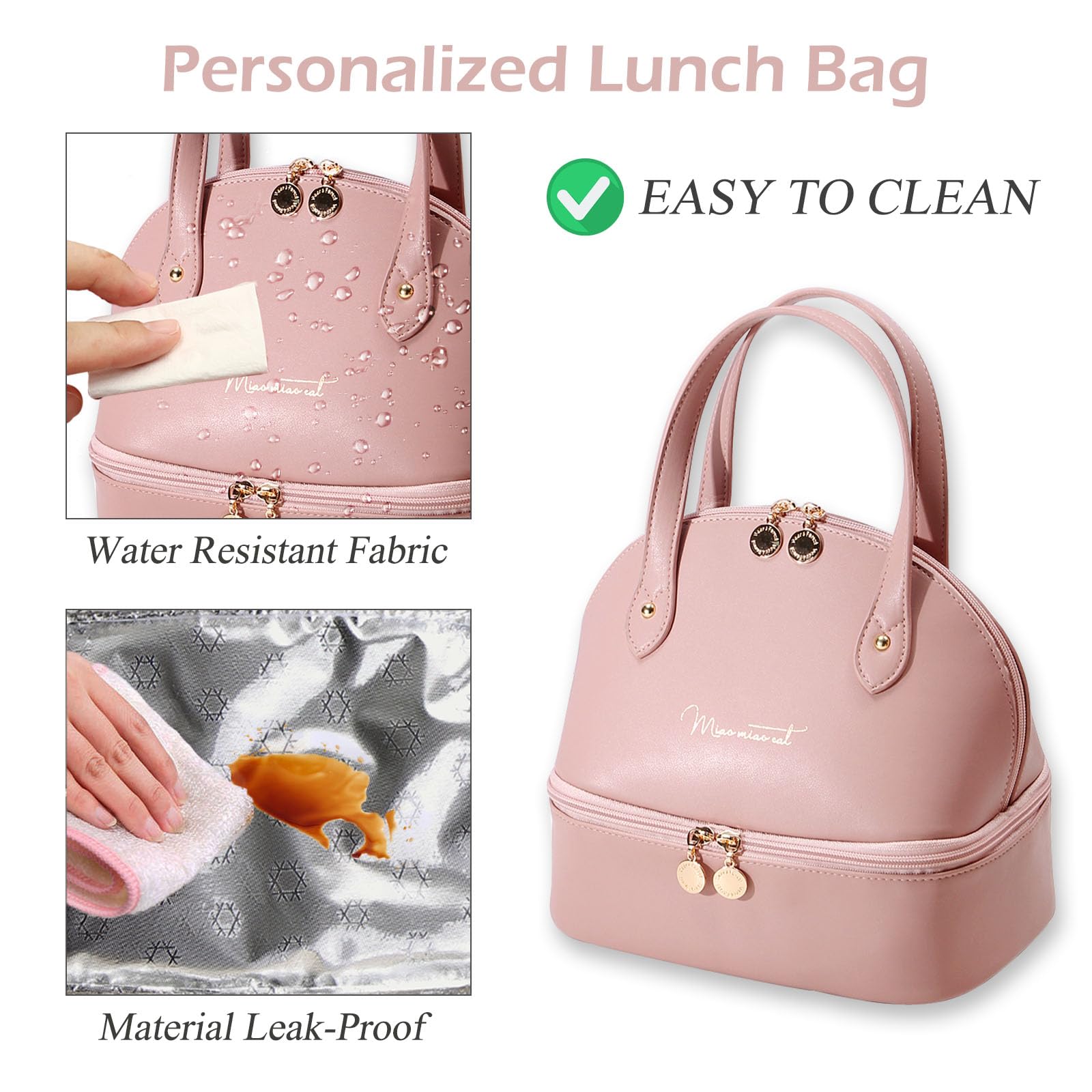 BAKLUCK Lunch Bag Women Insulated Lunch Bag Lunch Box Lunch Tote Bag Faux Leather Lunch Bag Women Small Travel Lunch Bag Double Decker Lunch Bag for Women Picnic Work Pink Lunch Bag