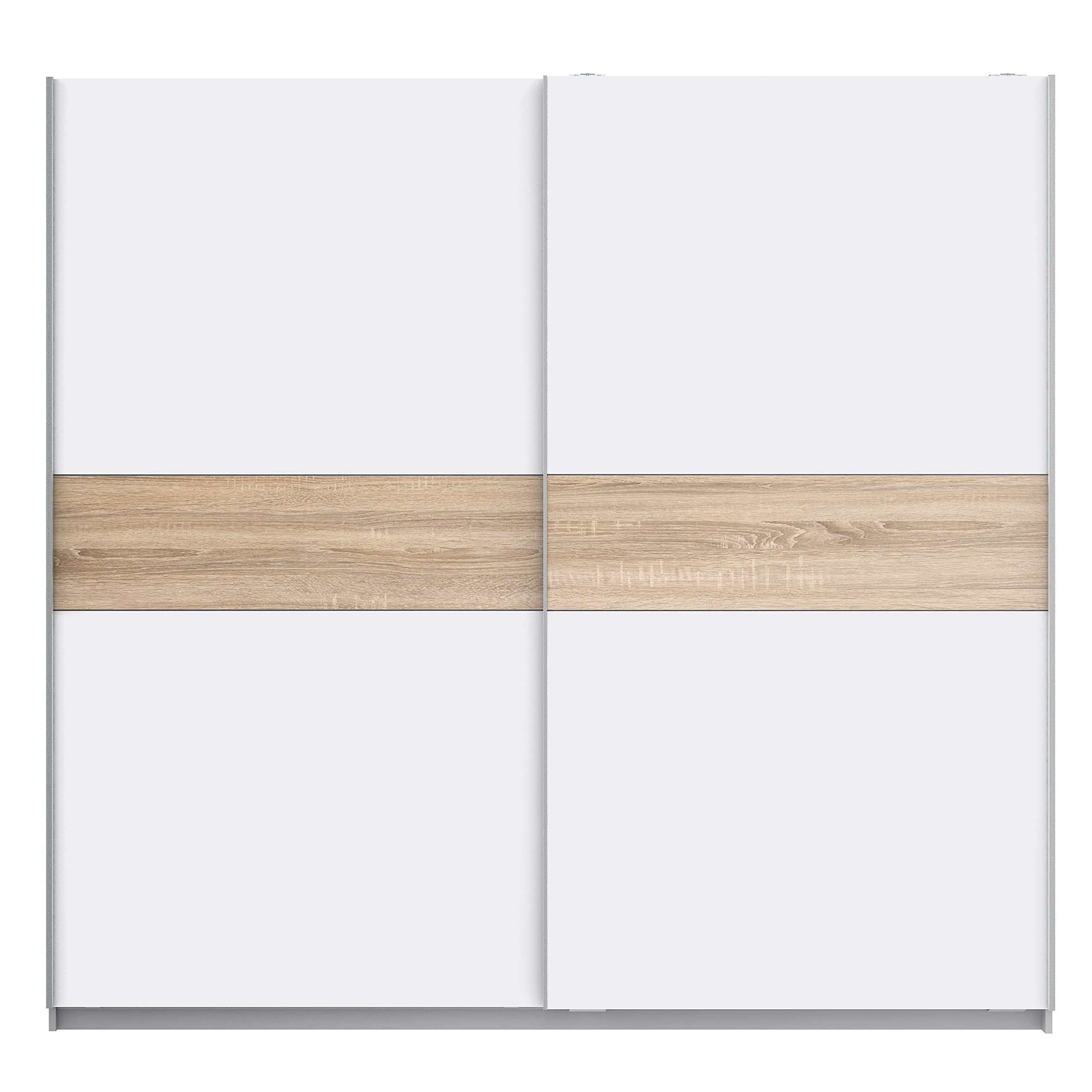 FORTE WINNER PLUS Schrank 220, Kleiderschrank Schwebetürenschrank Skandinavisch Schlafzimmer 2-türig Einlegeböden Kleiderstange, Weiß / Holzdekor: Sonoma Eiche, 220 cm breit x 210 cm hoch x 61 cm tief