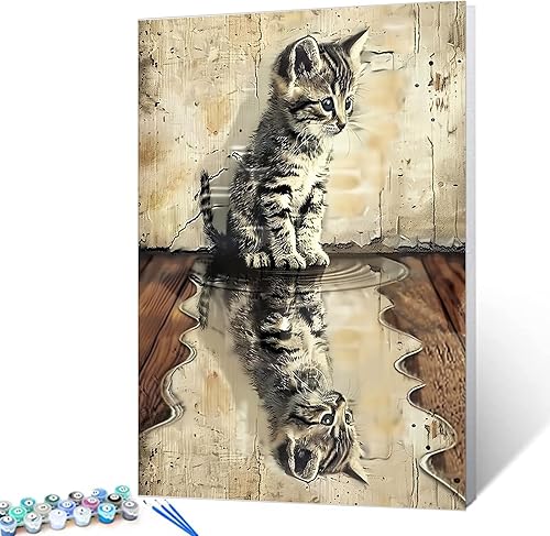 Pintura por números para adultos, bricolaje, reflejo de animales en agua, kits de pintura al óleo para niños, principiantes, gatito o tigre blanco,