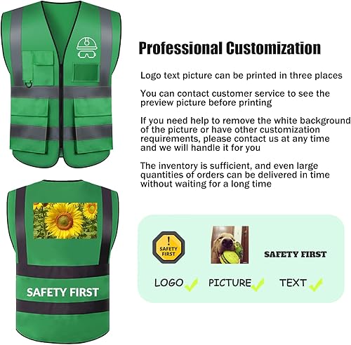 Miniatura 2 de BeautyWill Chaleco de seguridad con logotipo personalizado, Hi Vis Clase 2, chaleco reflectante de construcción unisex con 5 bolsillos