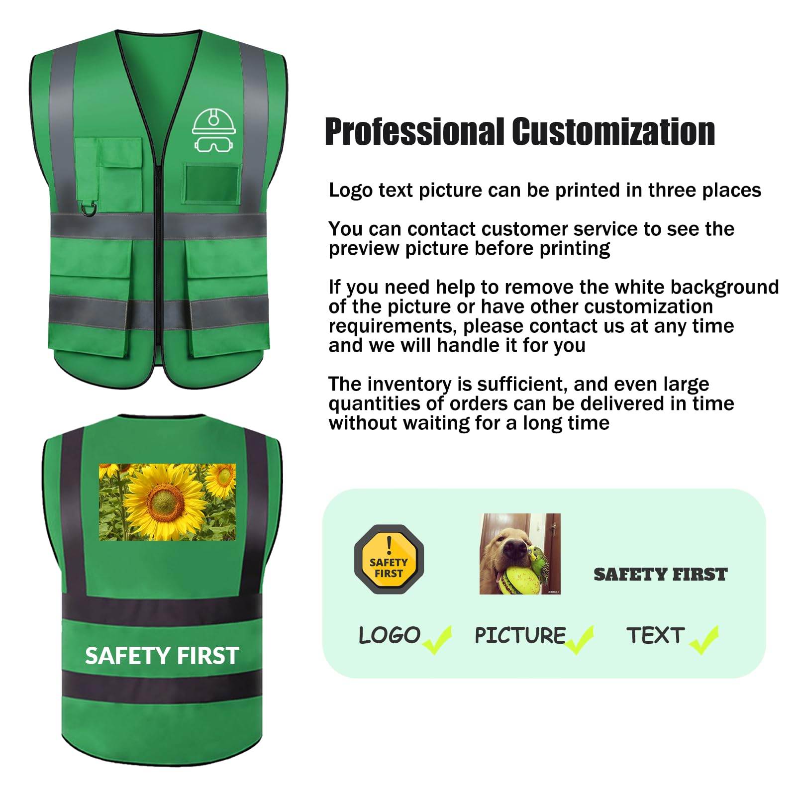 BeautyWill Customized Logo Safety Vest, Personalized High Visibility Reflective Vest Class 2 Construction Vest with 5 Pockets and Zipper (Green, M)