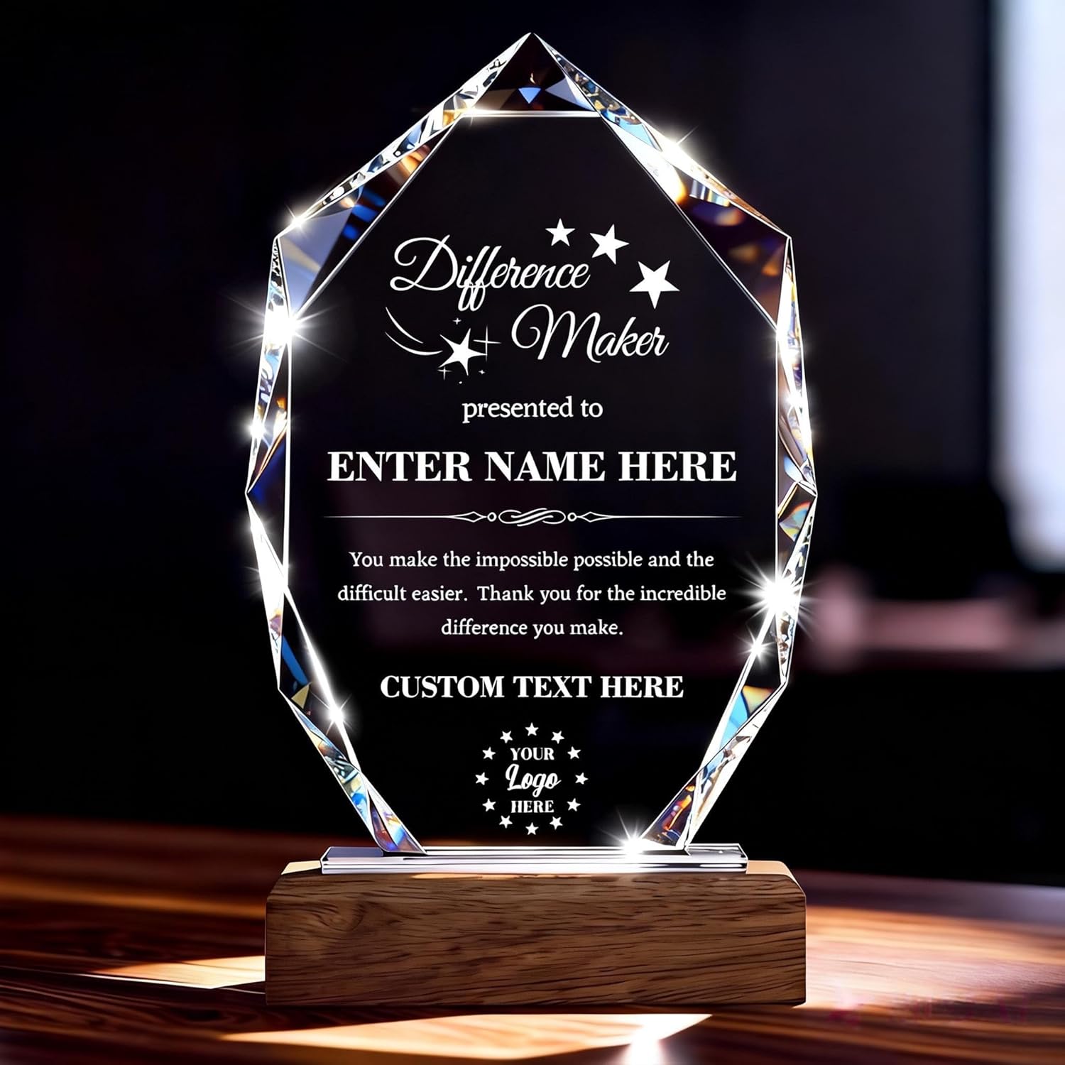 Custom Crystal Trophy Award with Wood Base, Personalized Plaque Engraved with Logo Text for Retirement, Difference Maker, Employee Appreciation Gifts for Coworker
