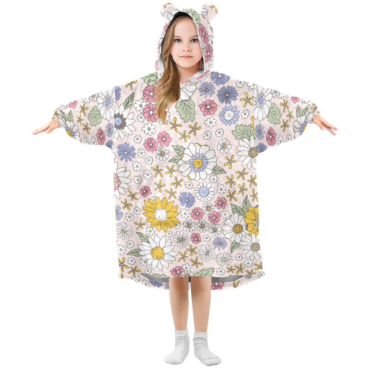 Kwiatowy vintage dziecięcy koc do noszenia bluza z kapturem oversize bluza koc sweter wiosna kwiat dla chłopców dziewcząt w wieku 3-14 lat