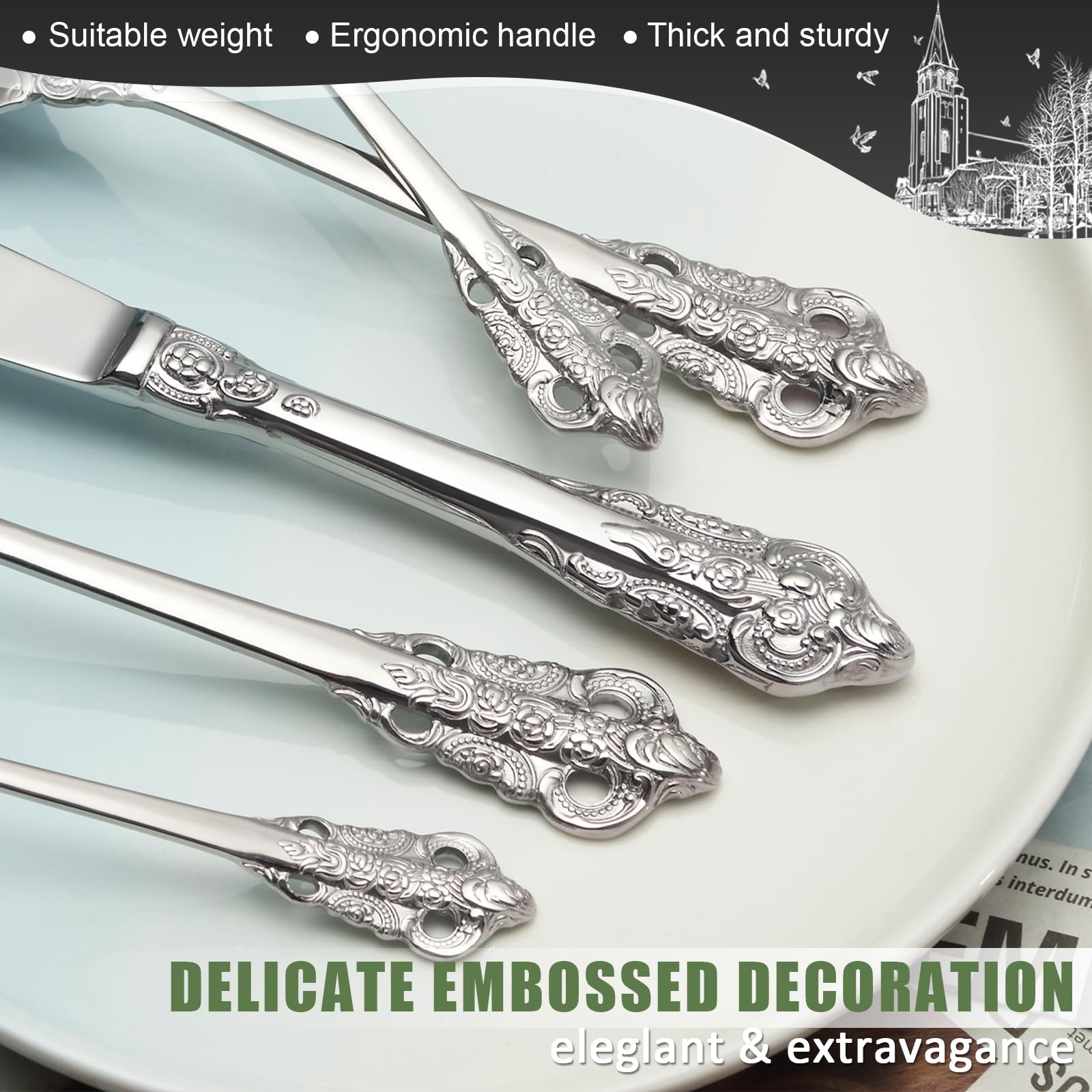 BEWOS Set Posate Palazzo d'Argento 30 Pezzi, Posate Acciaio Inox, Manici in Rilievo, Posate per Famiglia e Banchetti, Confezionati in Regalo, Lavabili in Lavastoviglie