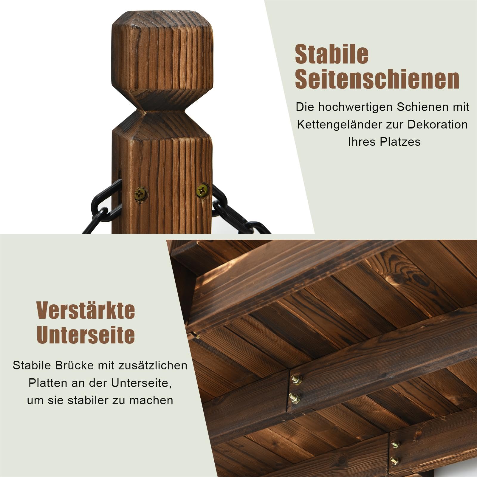 SOARS Holzbrücke mit Geländer & Ketten, Gartenbrücke aus Fichtenholz, stabile Teichbrücke bis 180 kg belastbar, 150 x 67 x 55 cm, Zierbrücke begehbar, Dekobrücke für Garten, Teich & Bach