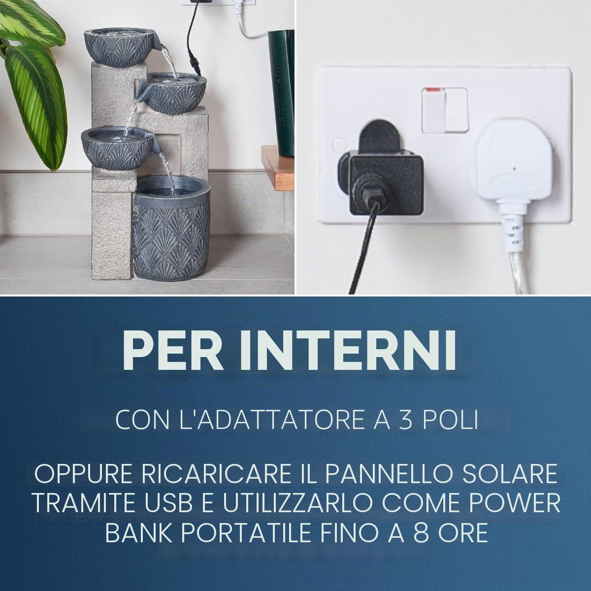 Festive Lights Fontana solare a LED da 42 cm con cascata e ciotole, alimentazione solare e USB, fontana solare da giardino per interni ed esterni, fontana solare per giardino d'acqua all'aperto