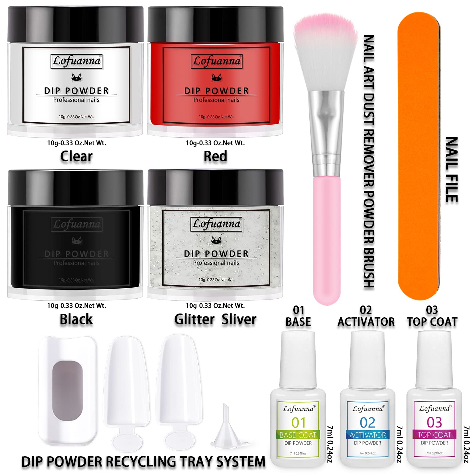 Lofuanna Polvo de Inmersión de Uñas Kit-4 Colores Transparente Negro Rojo Purpurina Polvo de Inmersión con Base Top Coat Activador,No Necesita UV/LED,Set de Manicura DIY para Principiantes