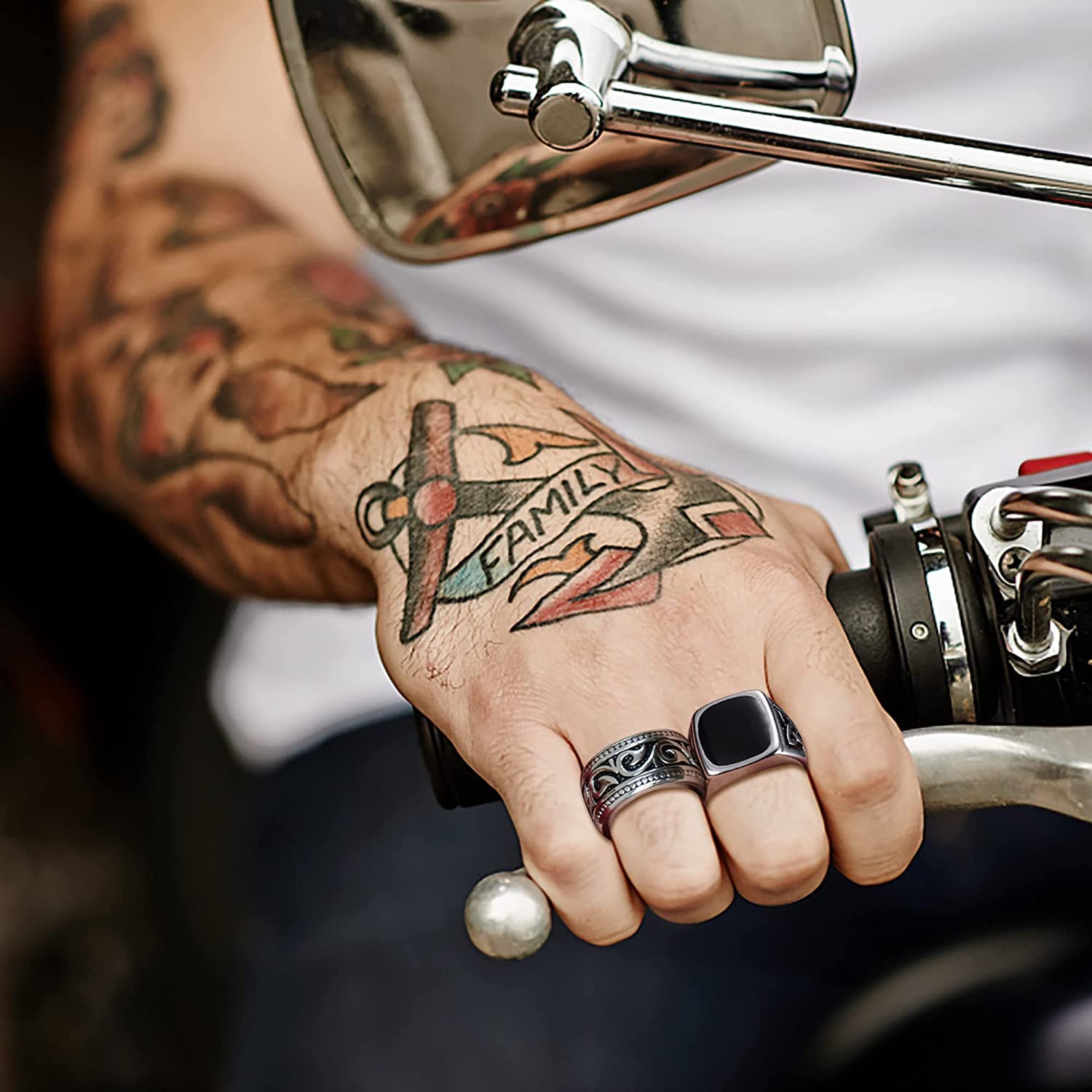 JeweBella 7-częściowy Sygnet męski ze stali nierdzewnej matowy srebrny polerowany Celtycki węzeł Vintage Biker Ring Duży klasyczny czarny męski zestaw Gothic Grawerowanie Sygnet dla mężczyzn