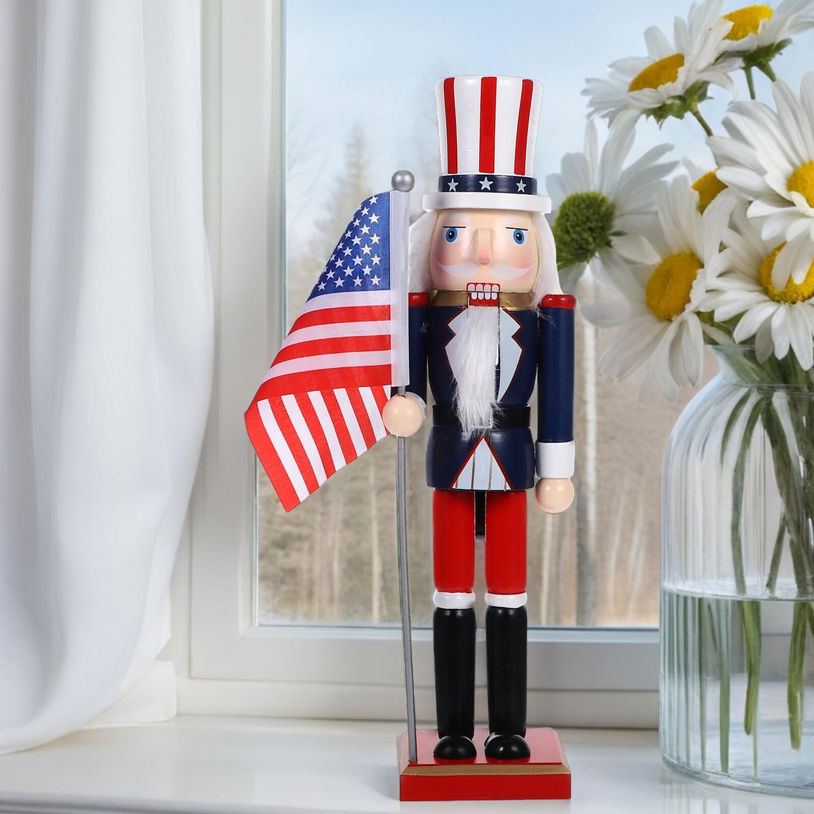 Cabilock Nussknacker Figur 38cm mit Beweglichem Maul Amerikanischer Soldat mit Flagge Stabile Tischdekoration für Unabhängigkeitstag und Weihnachten