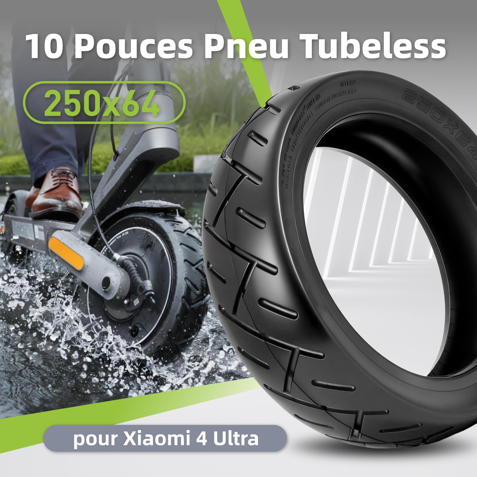 250 x 64 CST Pneu tubeless pour scooter électrique Xiaomi 4 Ultra - 10" - Pneu de rechange sans chambre à air avant/arrière - Avec buse d'air (CST Tubeless x 2)