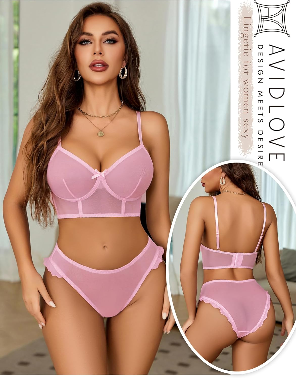 Avidlove Women's Lingerie Sexy Mesh Bralette And Panty Sets 2 Pieces Matching Underwear Outfits S-XXL - Image 2