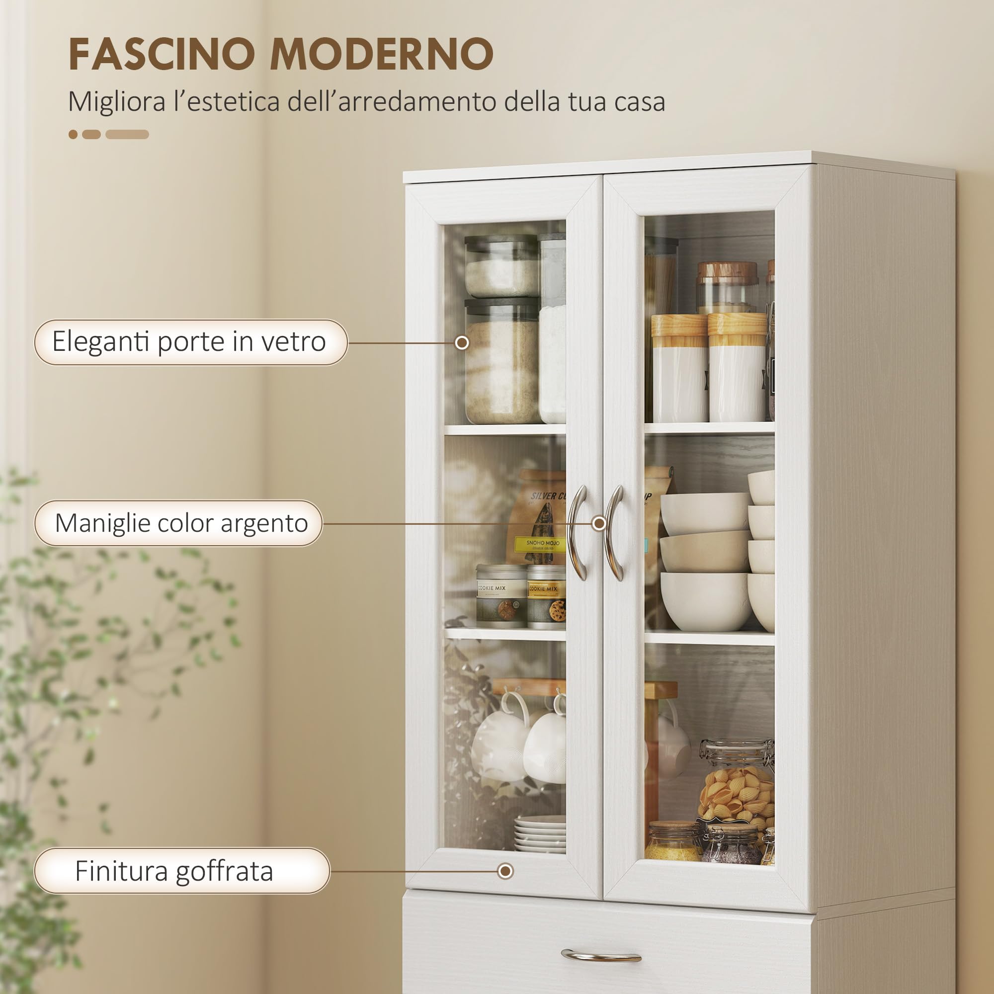 HOMCOM Credenza Cucina Alta 180cm, Mobile Dispensa con Ante in Vetro Soft-Close, Cassetto, 2 Armadietti, Ripiani Regolabili, Mobile Cucina Moderno per Sala da Pranzo Soggiorno, Bianco