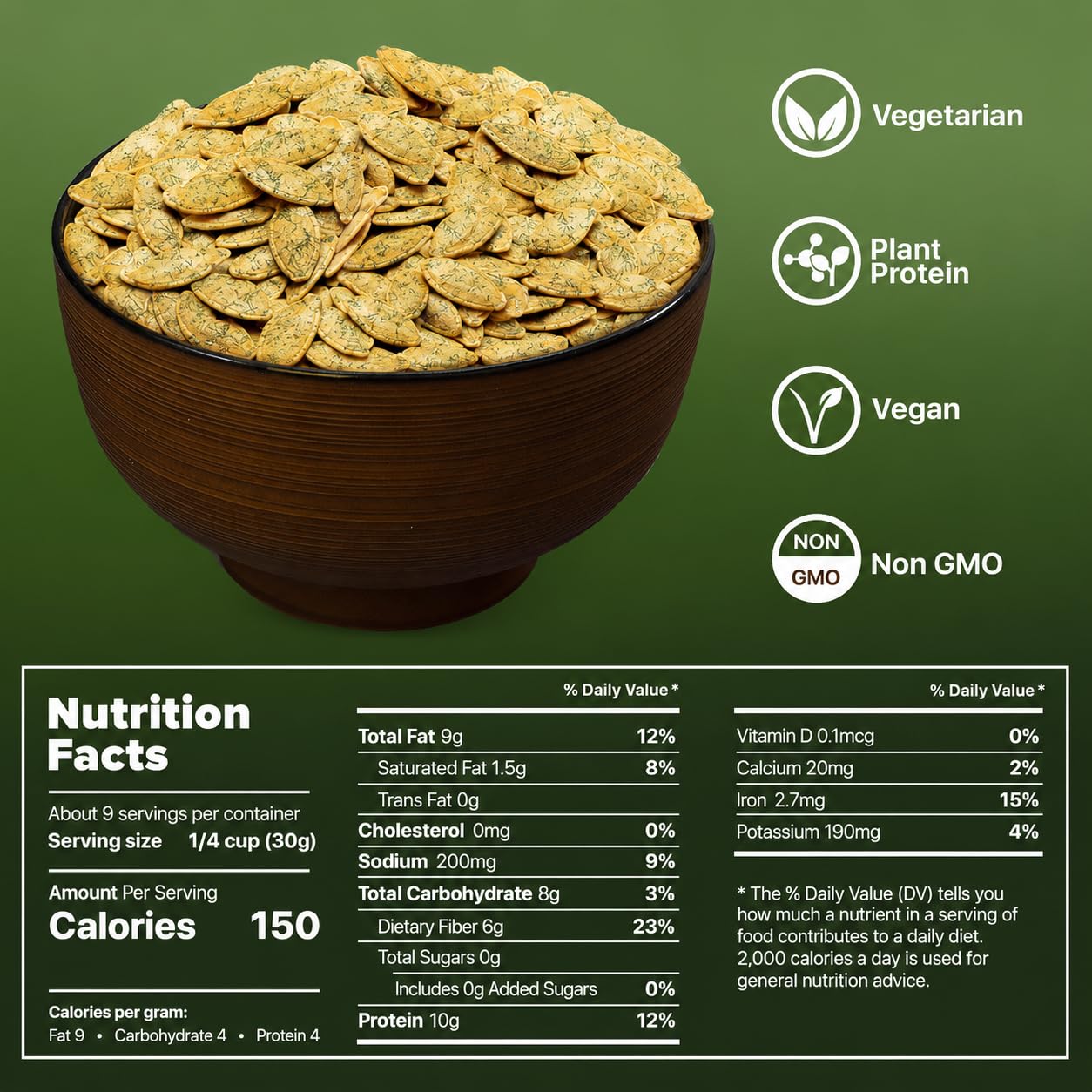 PREMIUM ORCHARD Flavored Pumpkin Seeds Oven Roasted | Dill Flavor | High Protein Snacks for Kids and Adults | Vegan Snack | Non GMO | KETO thumbnail 6