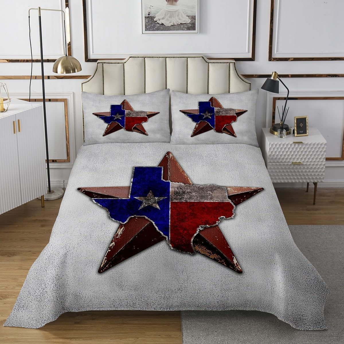 Erosebridal Western Coverlet Queen Size Texas State Flag Bedding Set, Texas Stars Bedspread Set Grey Grunge Quilt Set, Vintage American Flag Bed Set Rustic Farmhouse Decor 3pcs Soft