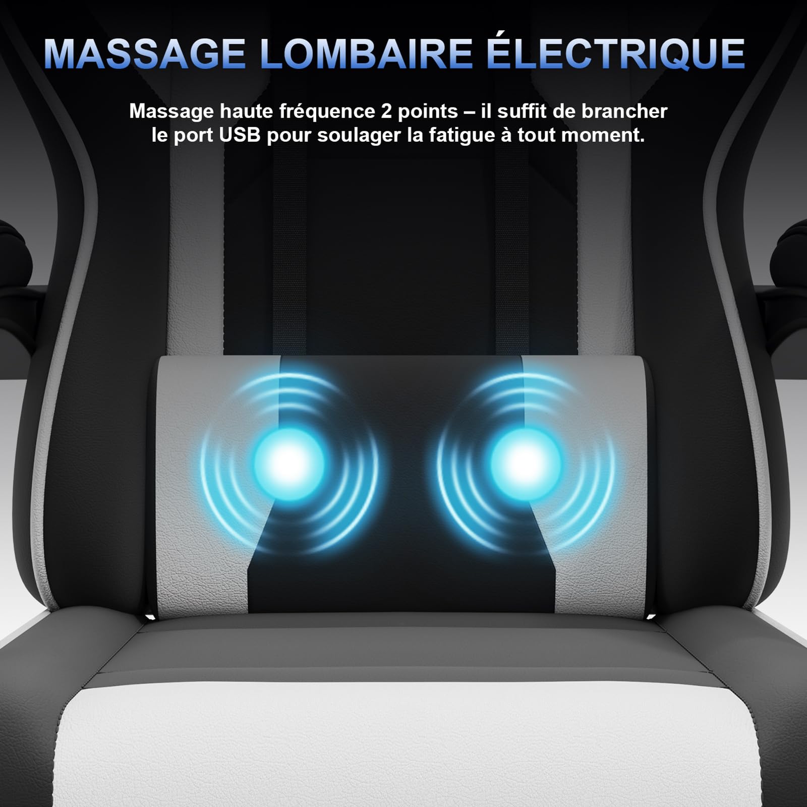 JUMMICO Chaise Gaming avec Massage Lombaire, Chaise Bureau Ergonomique avec Dossier Inclinable, Fauteuil Gaming avec Assise Douce et Résistante, Idéale pour Jeux et Boulot, Blanc